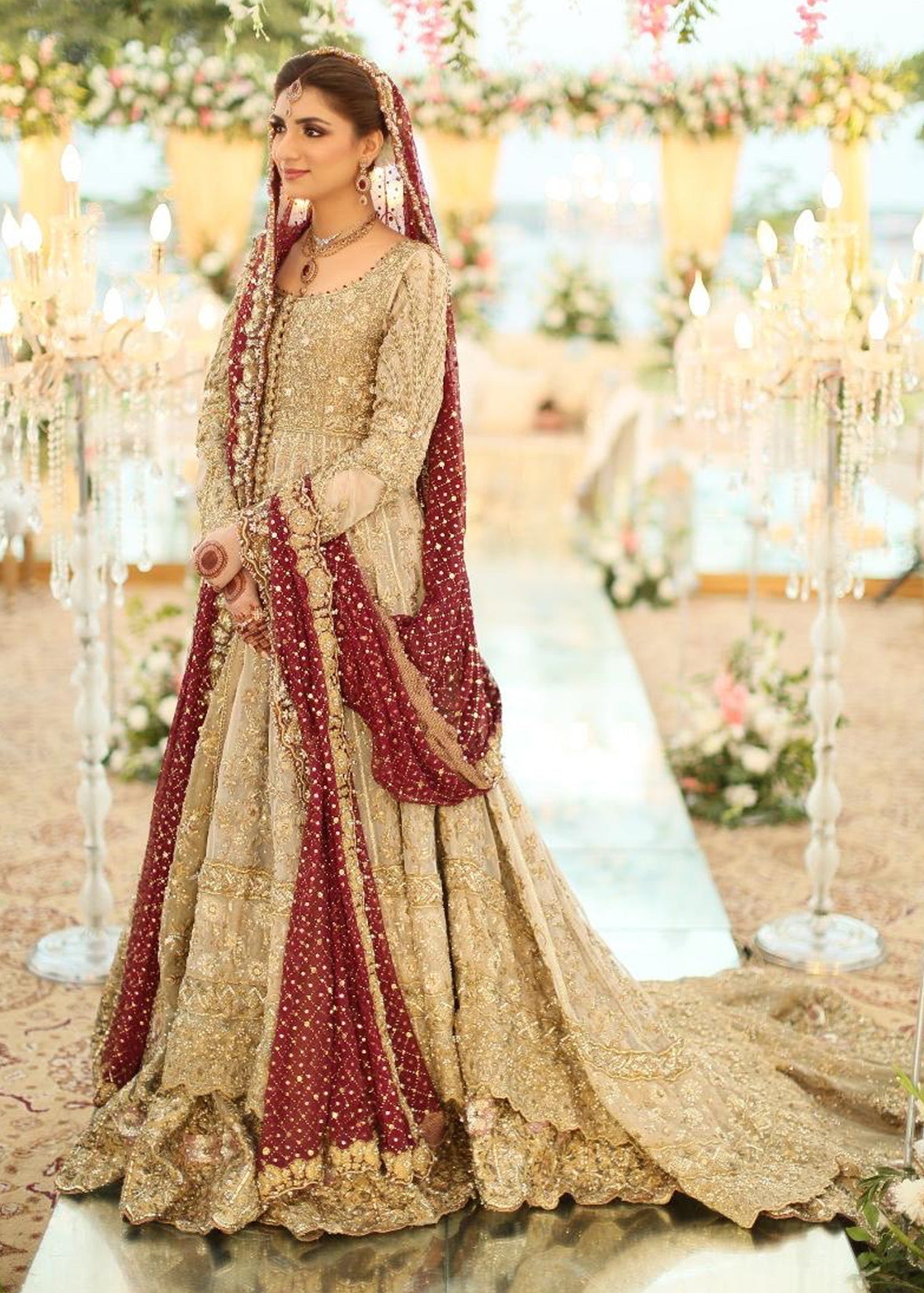 Antique Gold Embellished Net Pishwas Dress (2-Piece) - Image 1