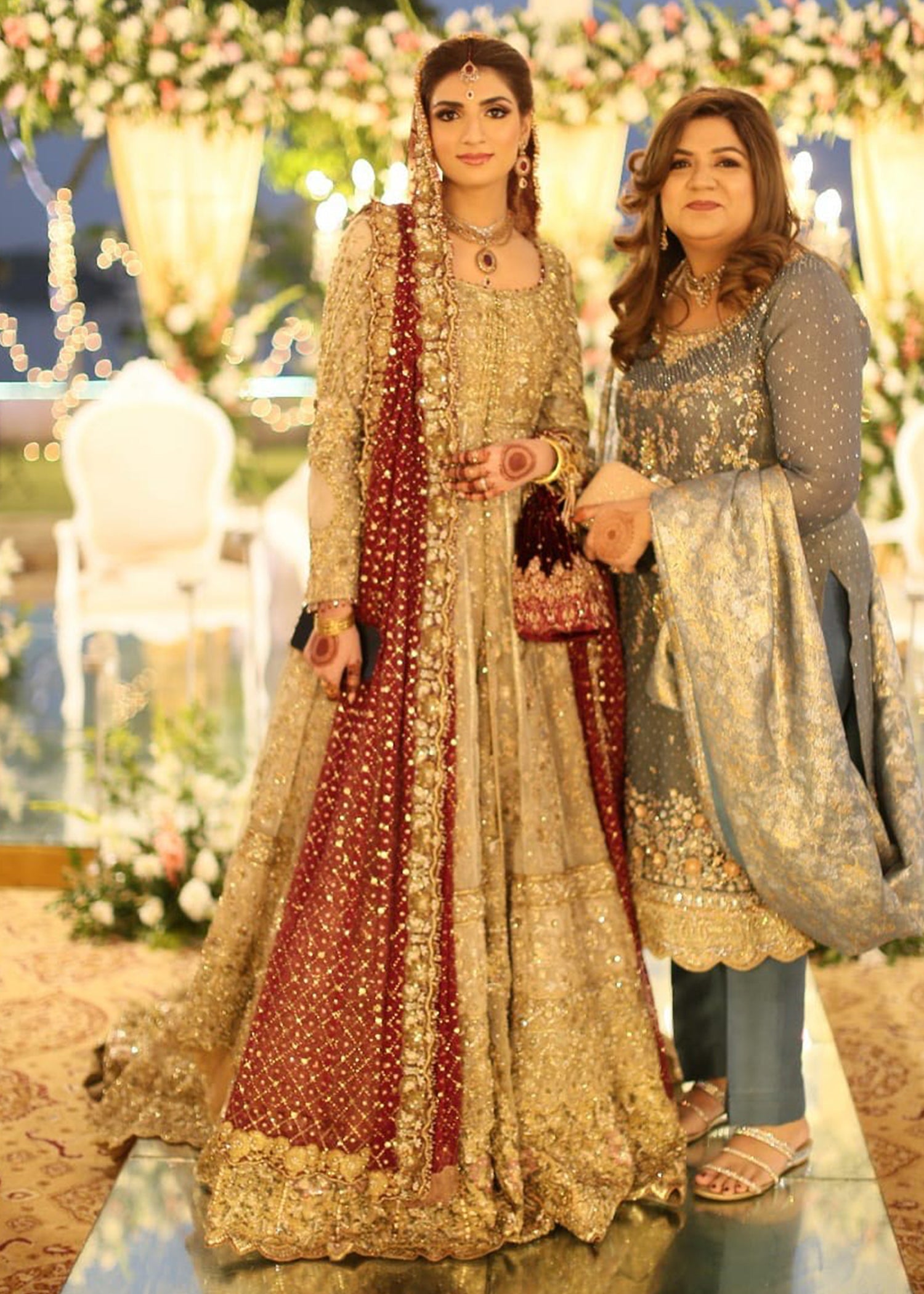 Antique Gold Embellished Net Pishwas Dress (2-Piece) - Image 2