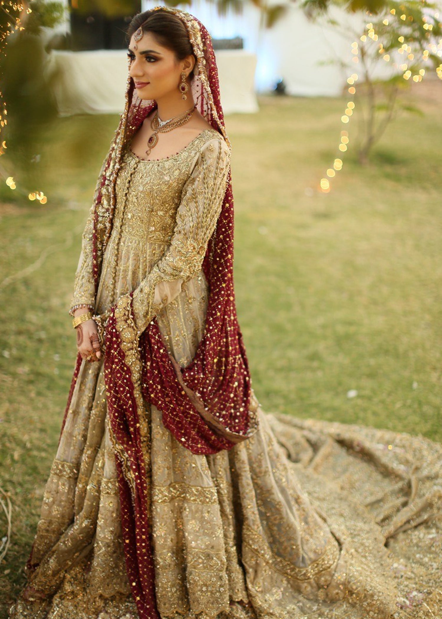 Antique Gold Embellished Net Pishwas Dress (2-Piece) - Image 3