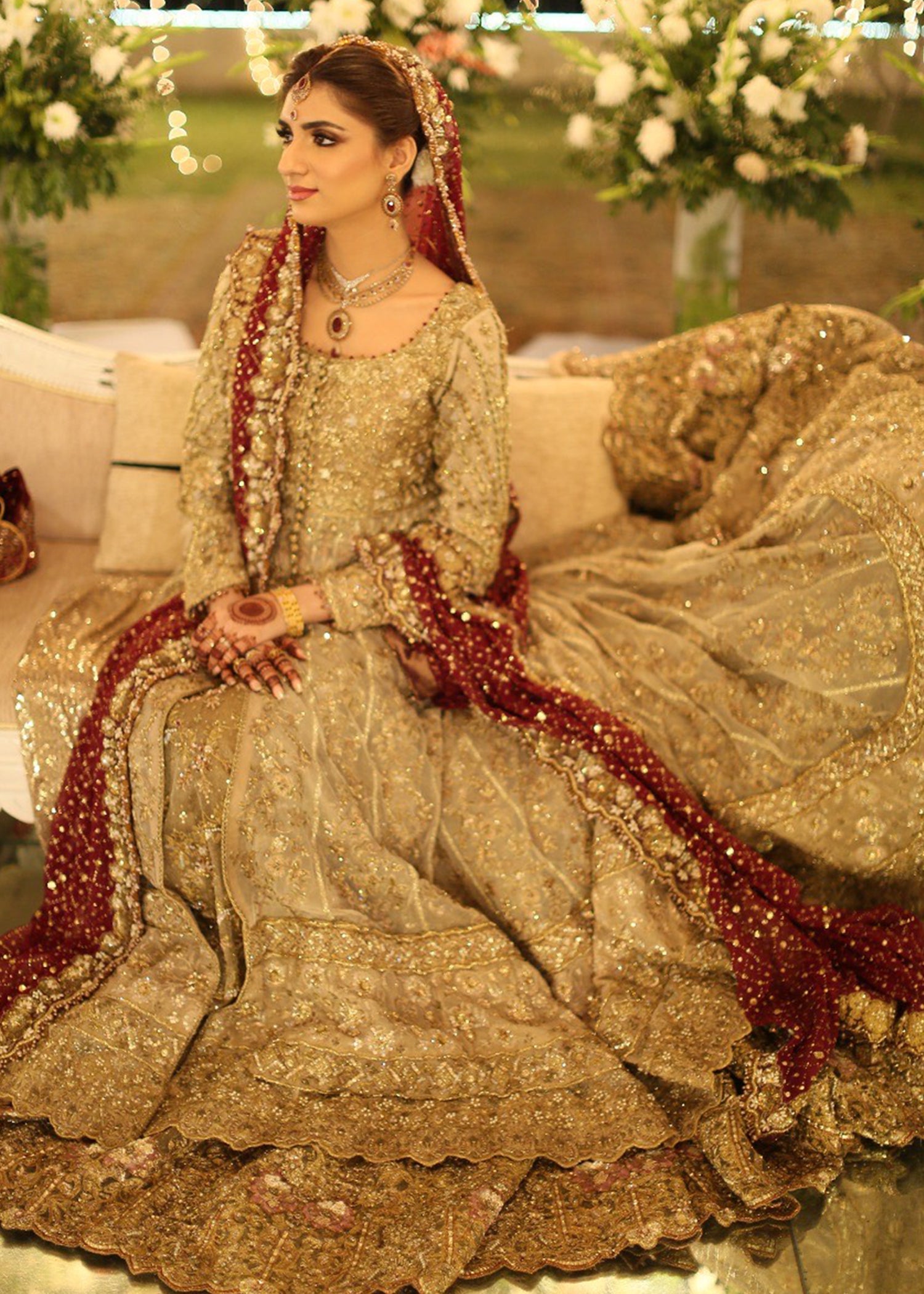 Antique Gold Embellished Net Pishwas Dress (2-Piece) - Image 4