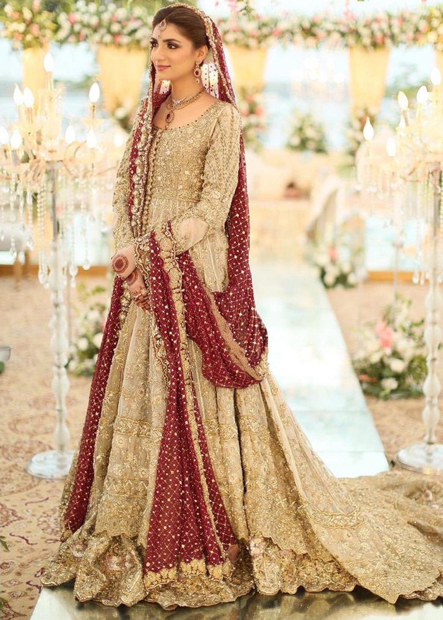 Antique Gold Embellished Net Pishwas Dress (2-Piece) - Image 6