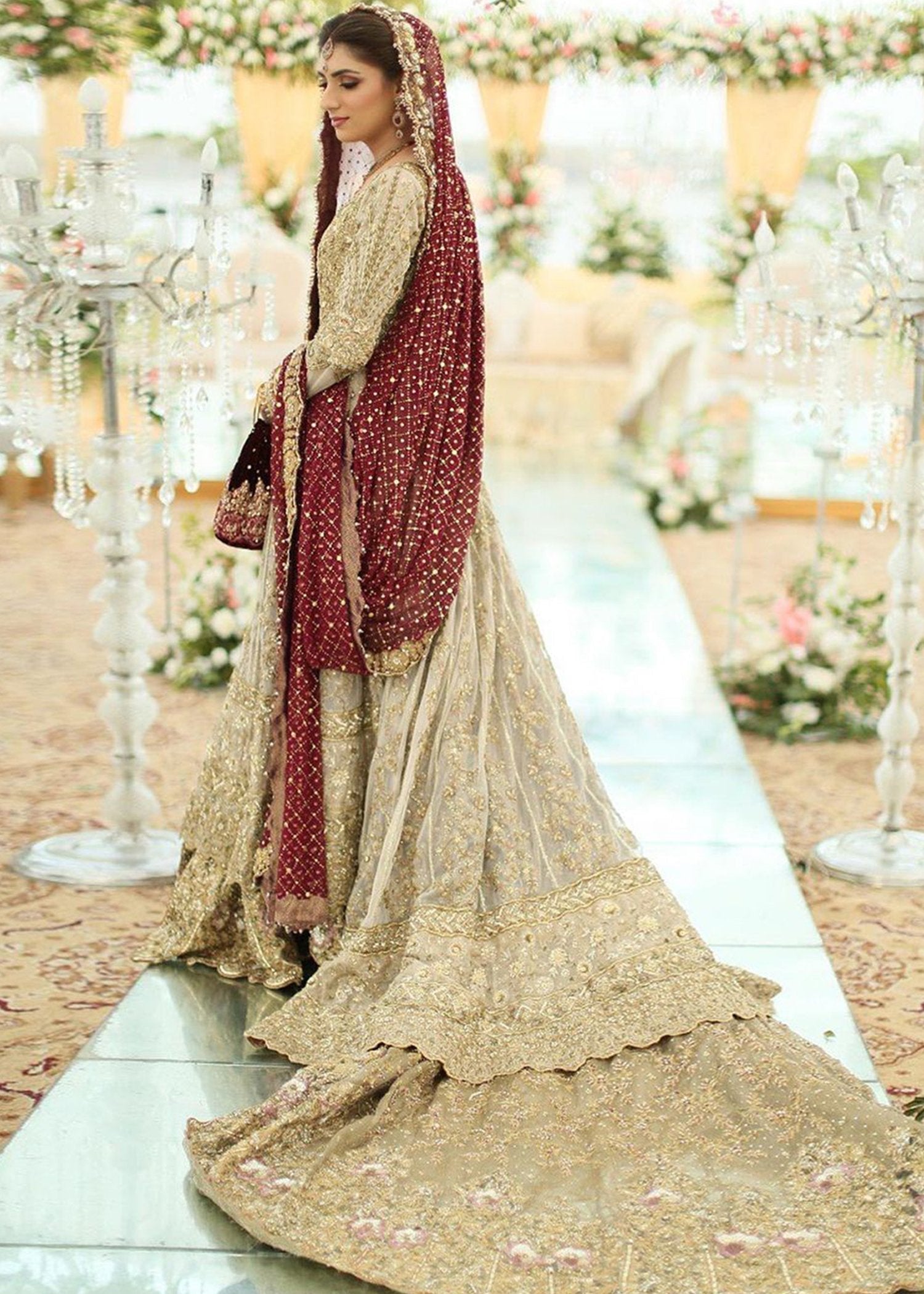 Antique Gold Embellished Net Pishwas Dress (2-Piece) - Image 7