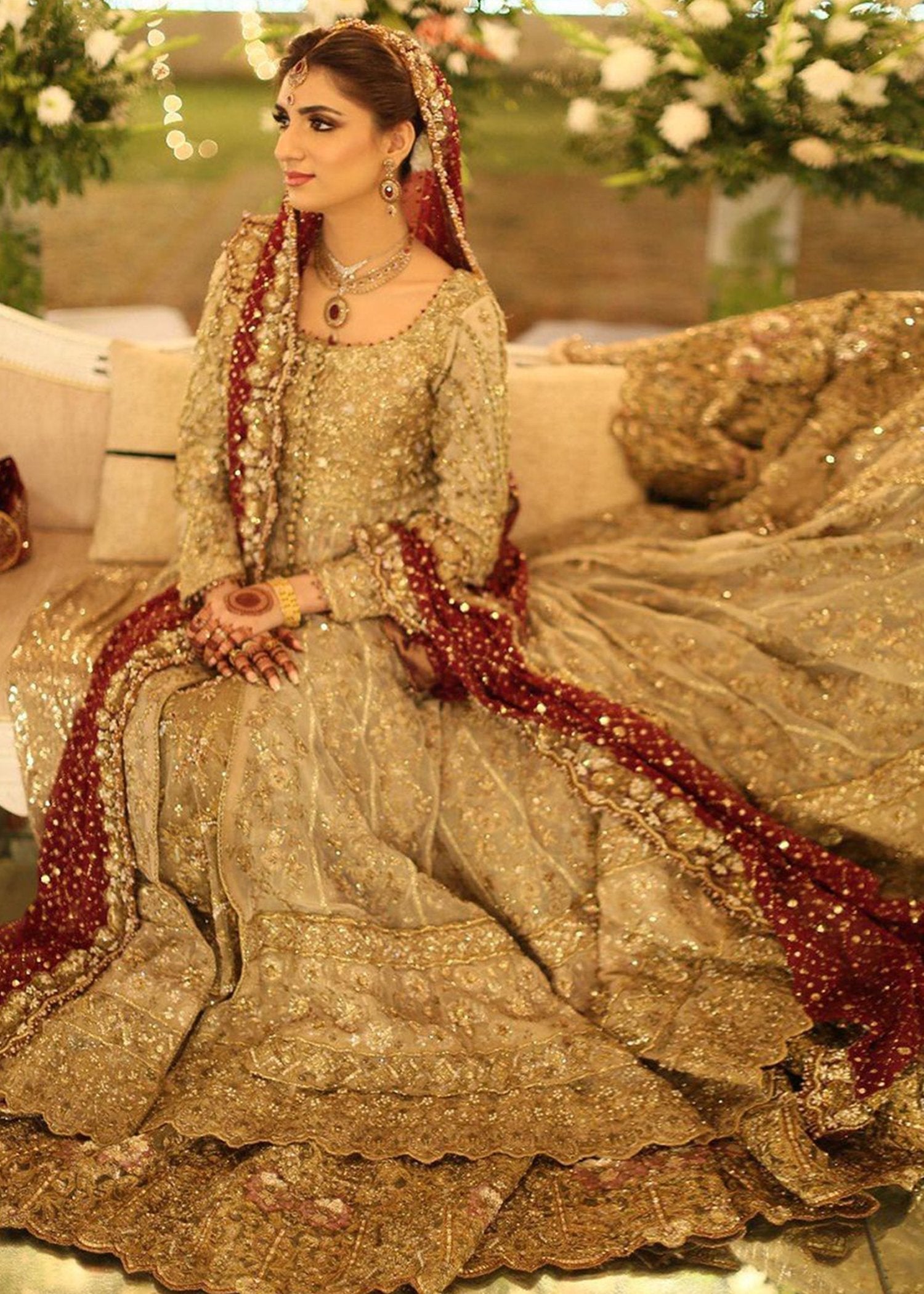 Antique Gold Embellished Net Pishwas Dress (2-Piece) - Image 8