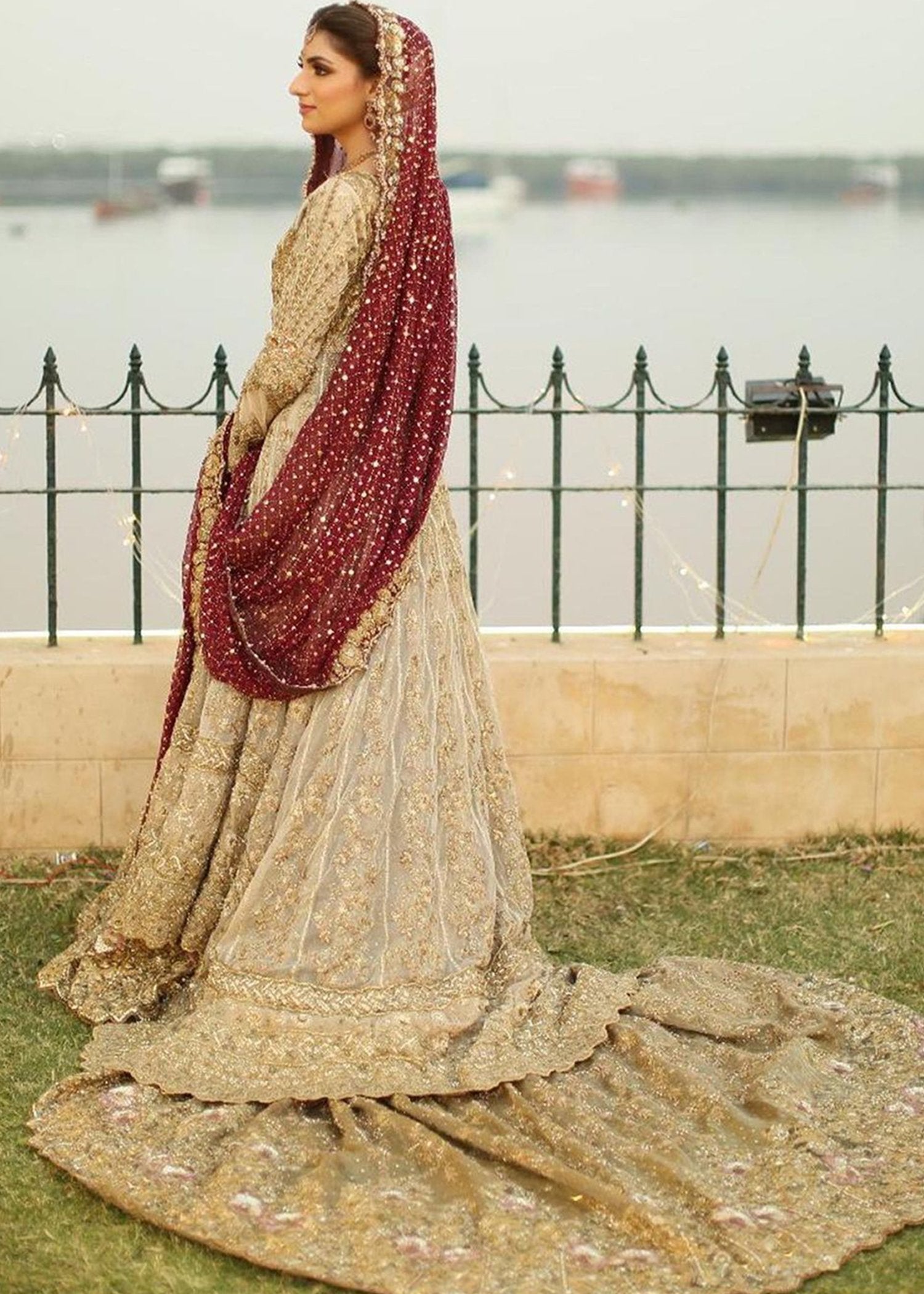 Antique Gold Embellished Net Pishwas Dress (2-Piece) - Image 9