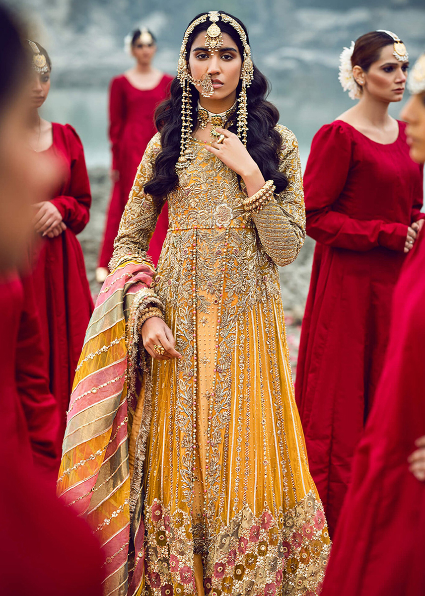 Indian Mustard Gold Embellished Net Bridal Pishwas (2-Piece) - Image 1