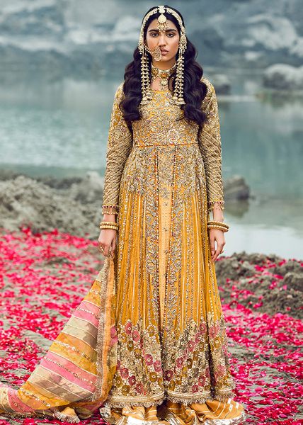 Indian Mustard Gold Embellished Net Bridal Pishwas (2-Piece) - Image 2