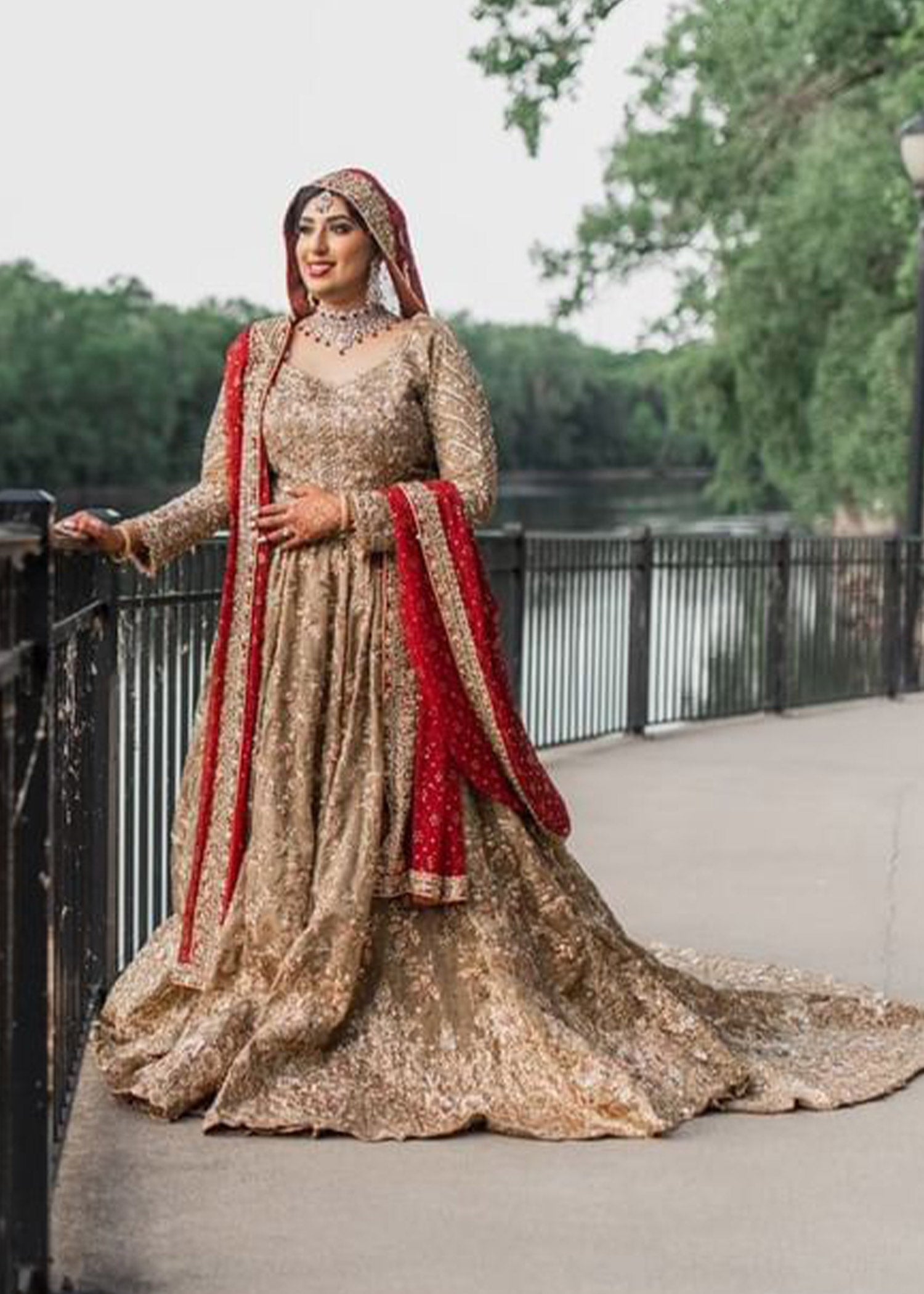 Pakistani Antique Gold Embellished Net Pishwas Dress (2-Piece) - Image 4