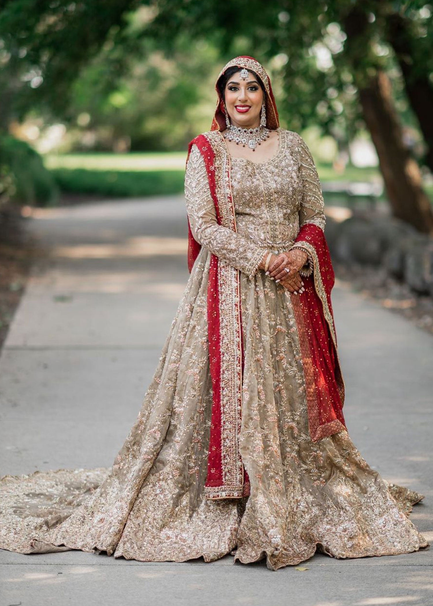 Pakistani Antique Gold Embellished Net Pishwas Dress (2-Piece) - Image 5