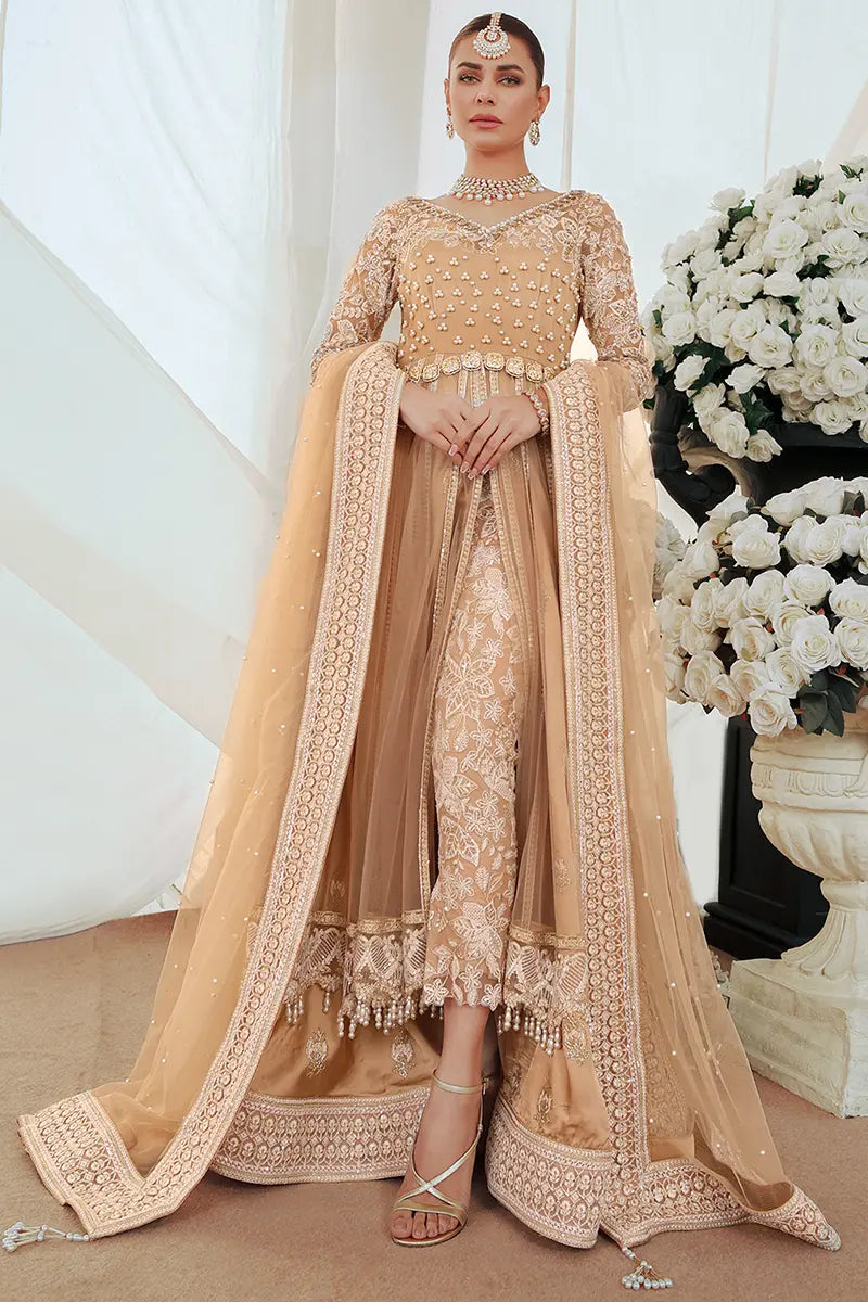 Pakistani Gold Embroidered Net Pishwas Dress (3-Piece) - Image 1