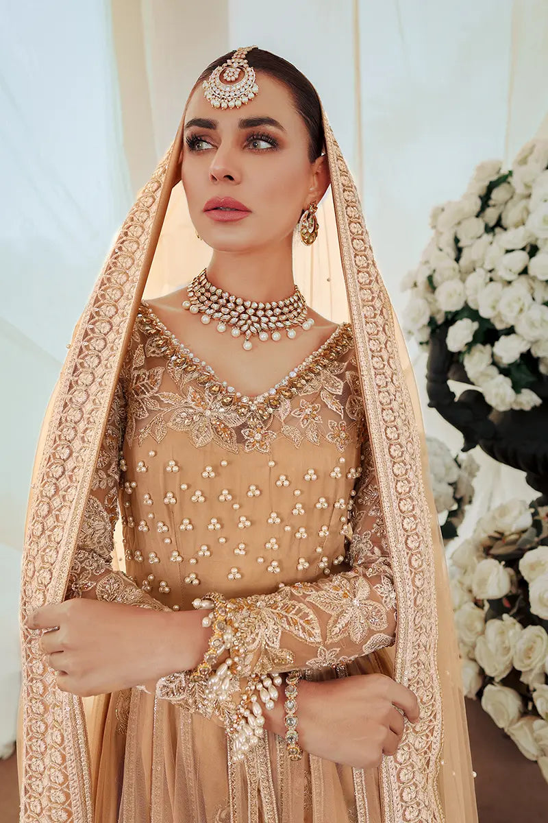 Pakistani Gold Embroidered Net Pishwas Dress (3-Piece) - Image 4