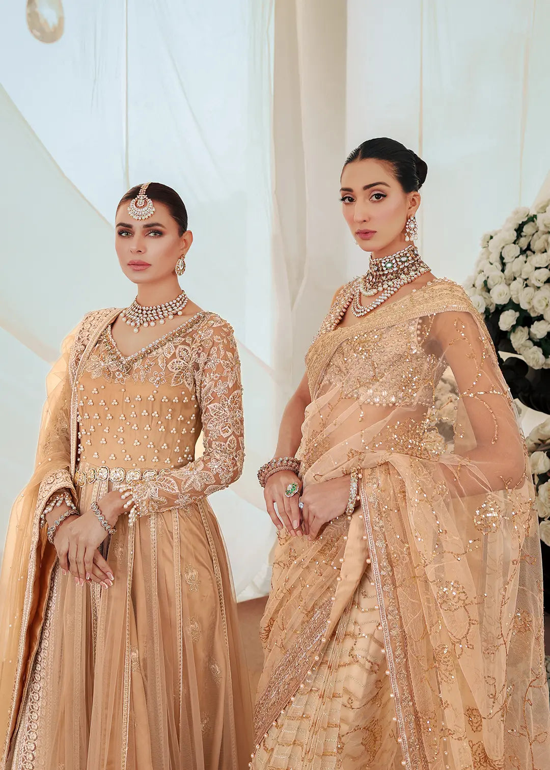 Pakistani Gold Embroidered Net Pishwas Dress (3-Piece) - Image 9