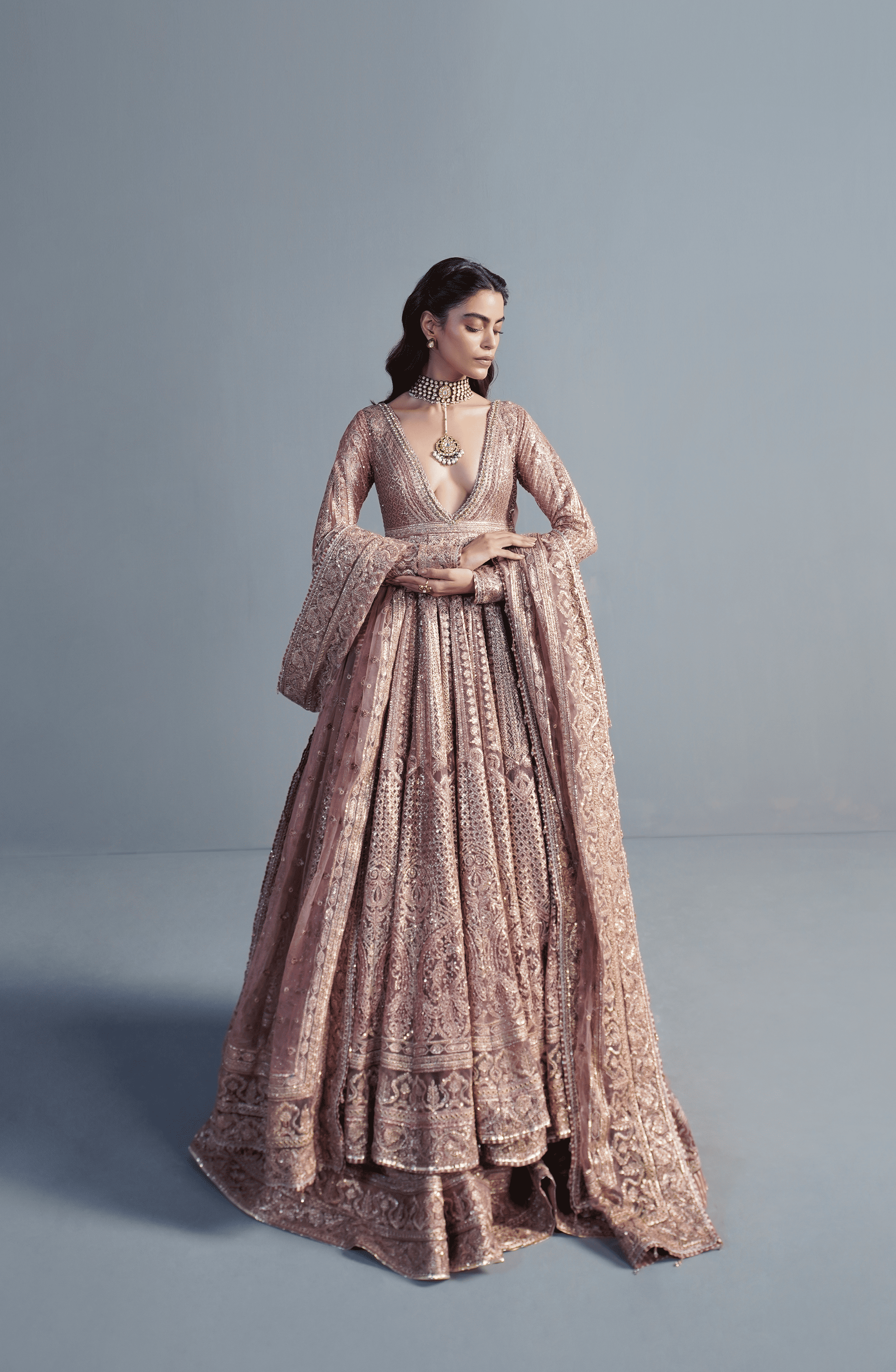 Rose Gold Embroidered Net Pishwas Lehenga (3-Piece) - Image 1