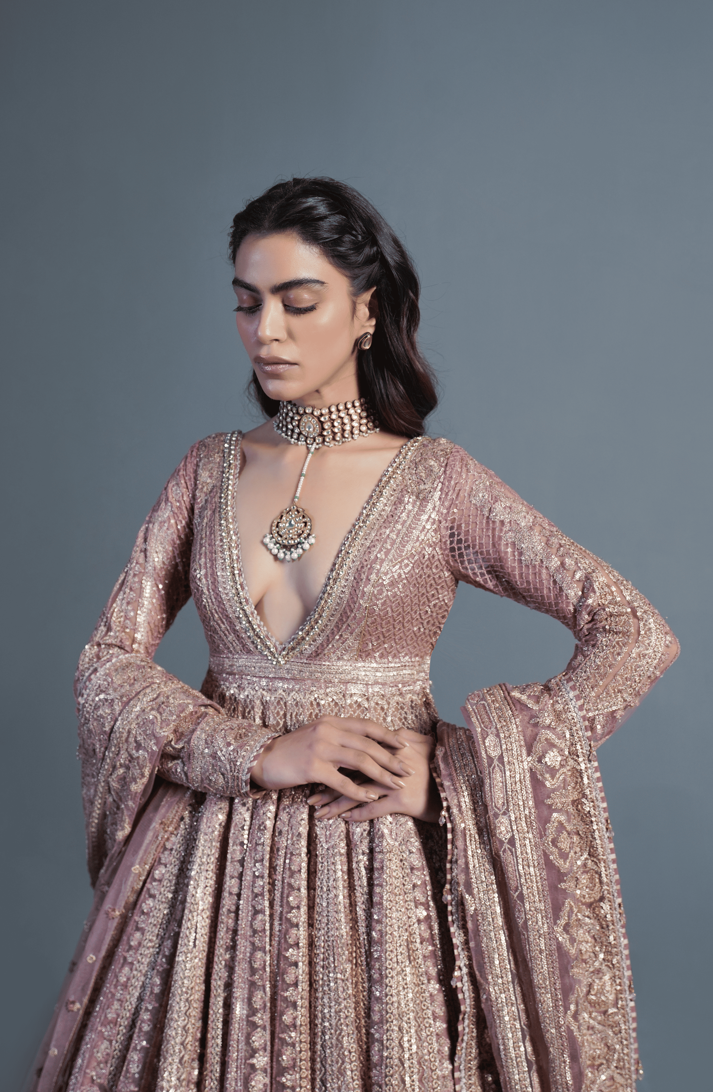Rose Gold Embroidered Net Pishwas Lehenga (3-Piece) - Image 2
