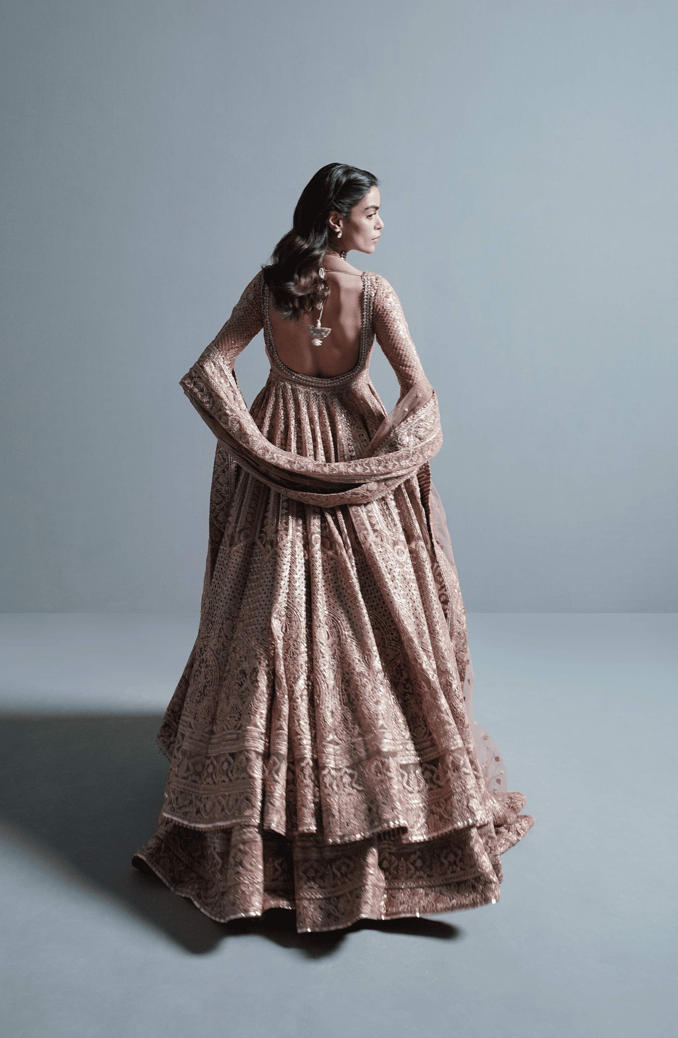 Rose Gold Embroidered Net Pishwas Lehenga (3-Piece) - Image 6