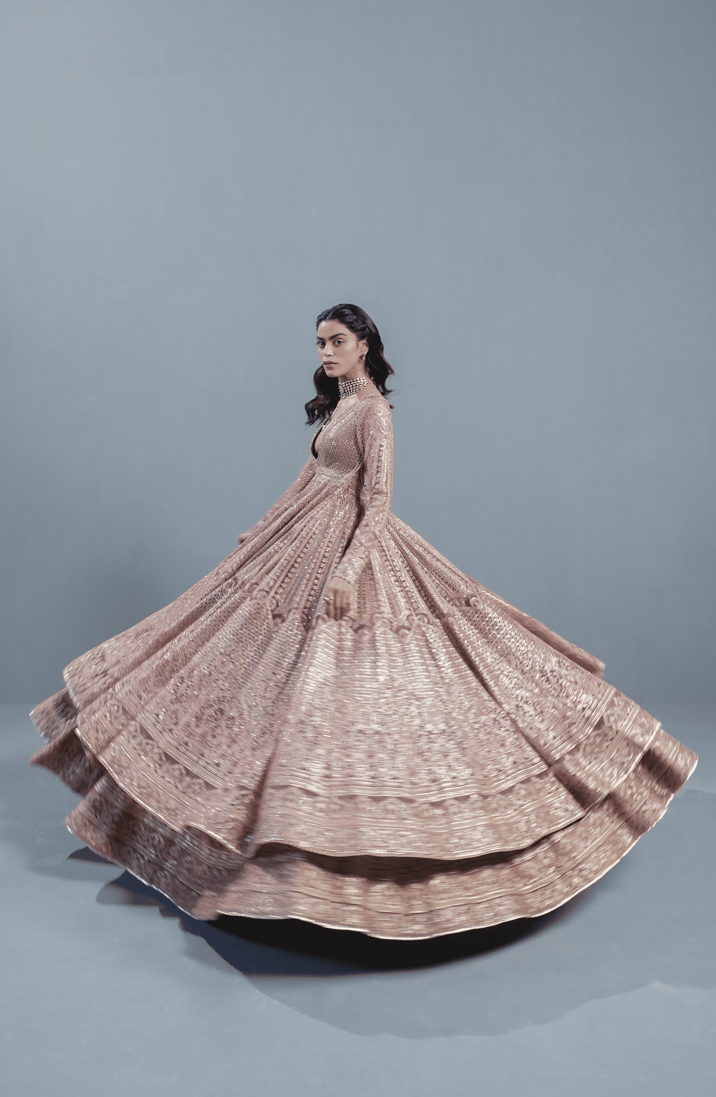 Rose Gold Embroidered Net Pishwas Lehenga (3-Piece) - Image 7