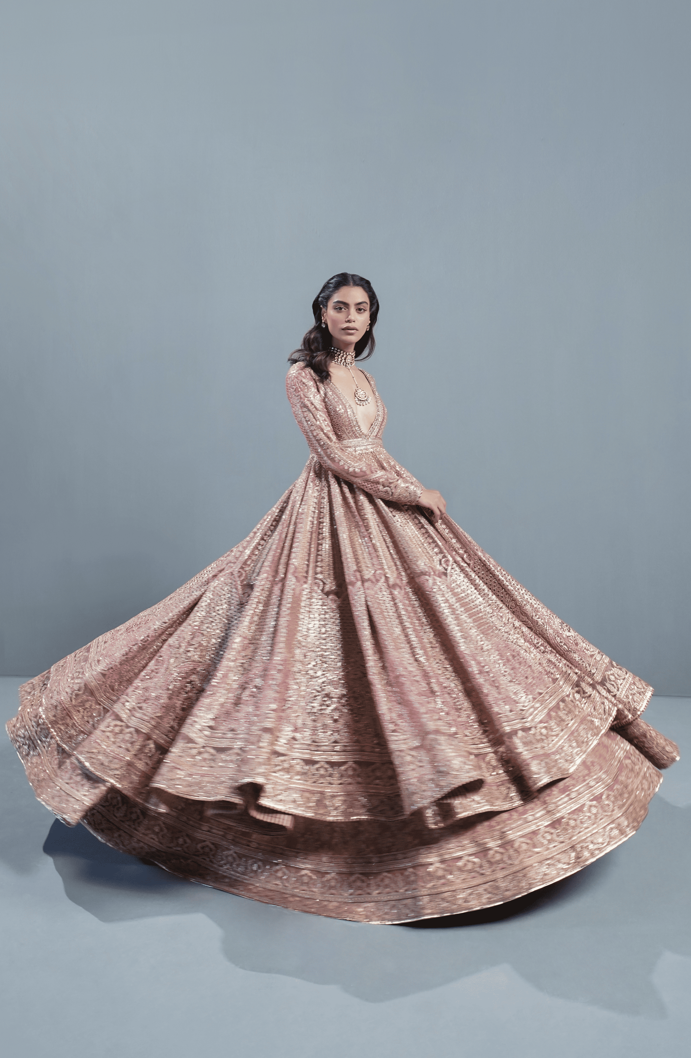 Rose Gold Embroidered Net Pishwas Lehenga (3-Piece) - Image 8