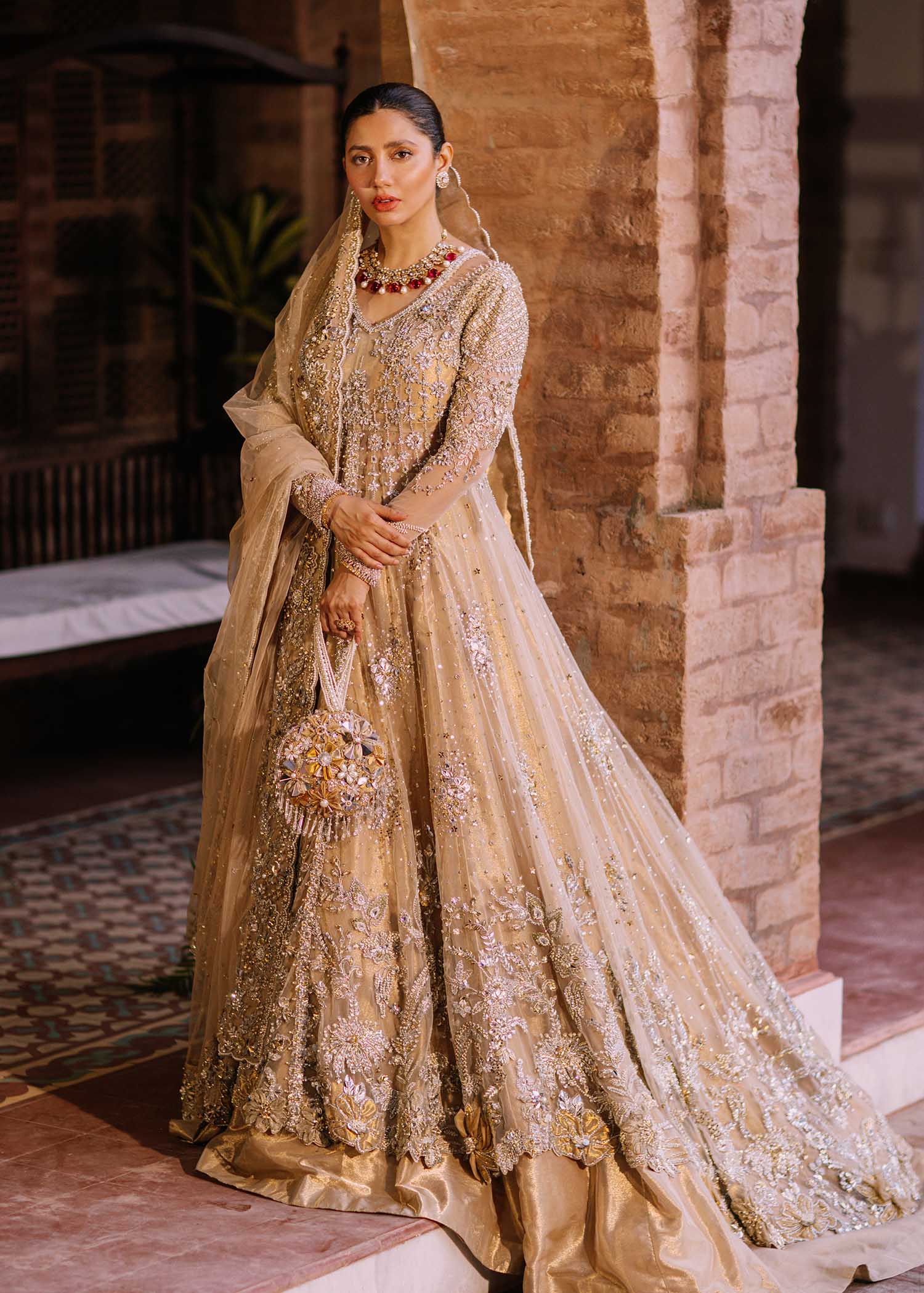 Gold Embroidered Net & Tissue Pishwas Dress (3-Piece) - Image 2