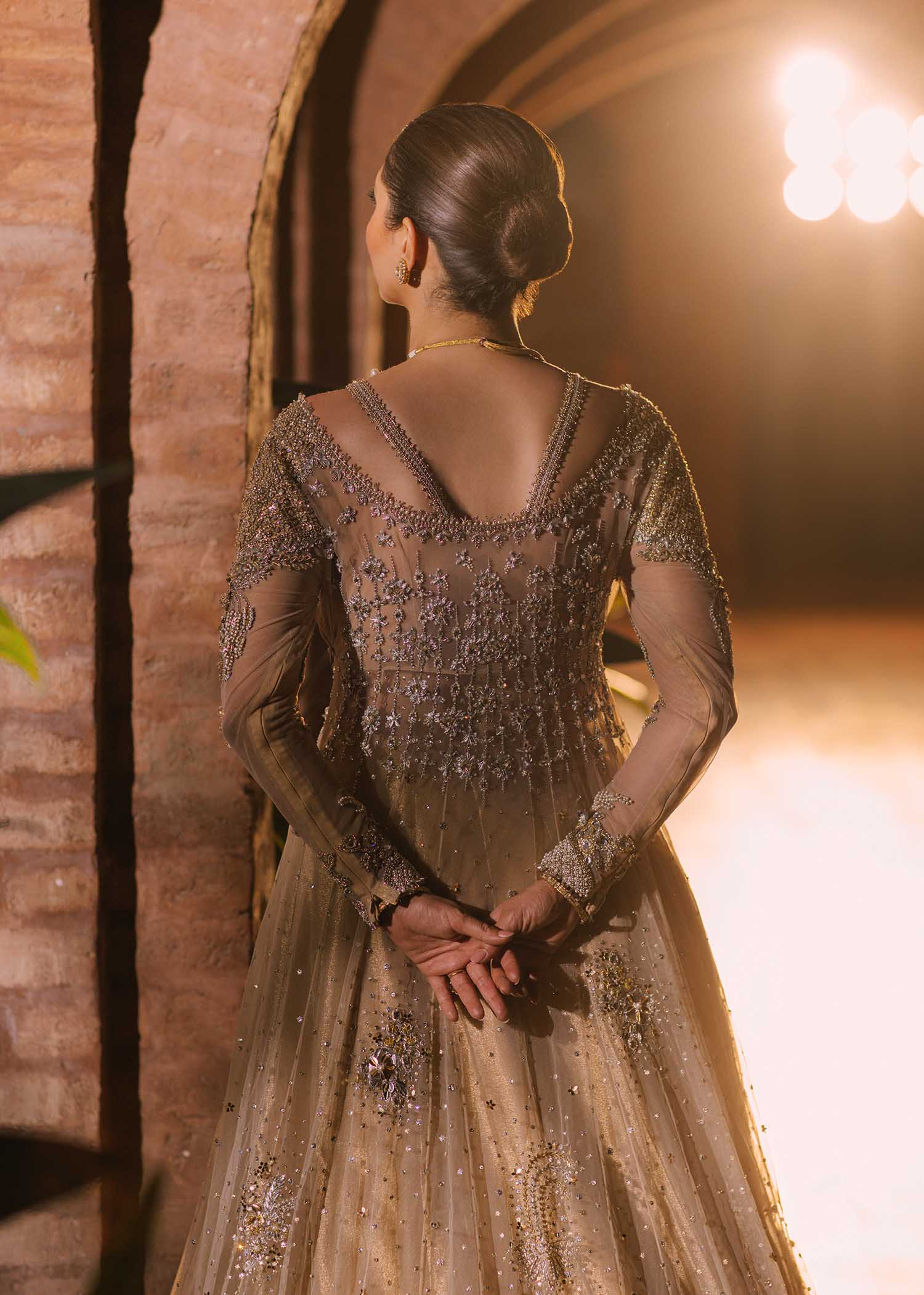 Gold Embroidered Net & Tissue Pishwas Dress (3-Piece) - Image 4