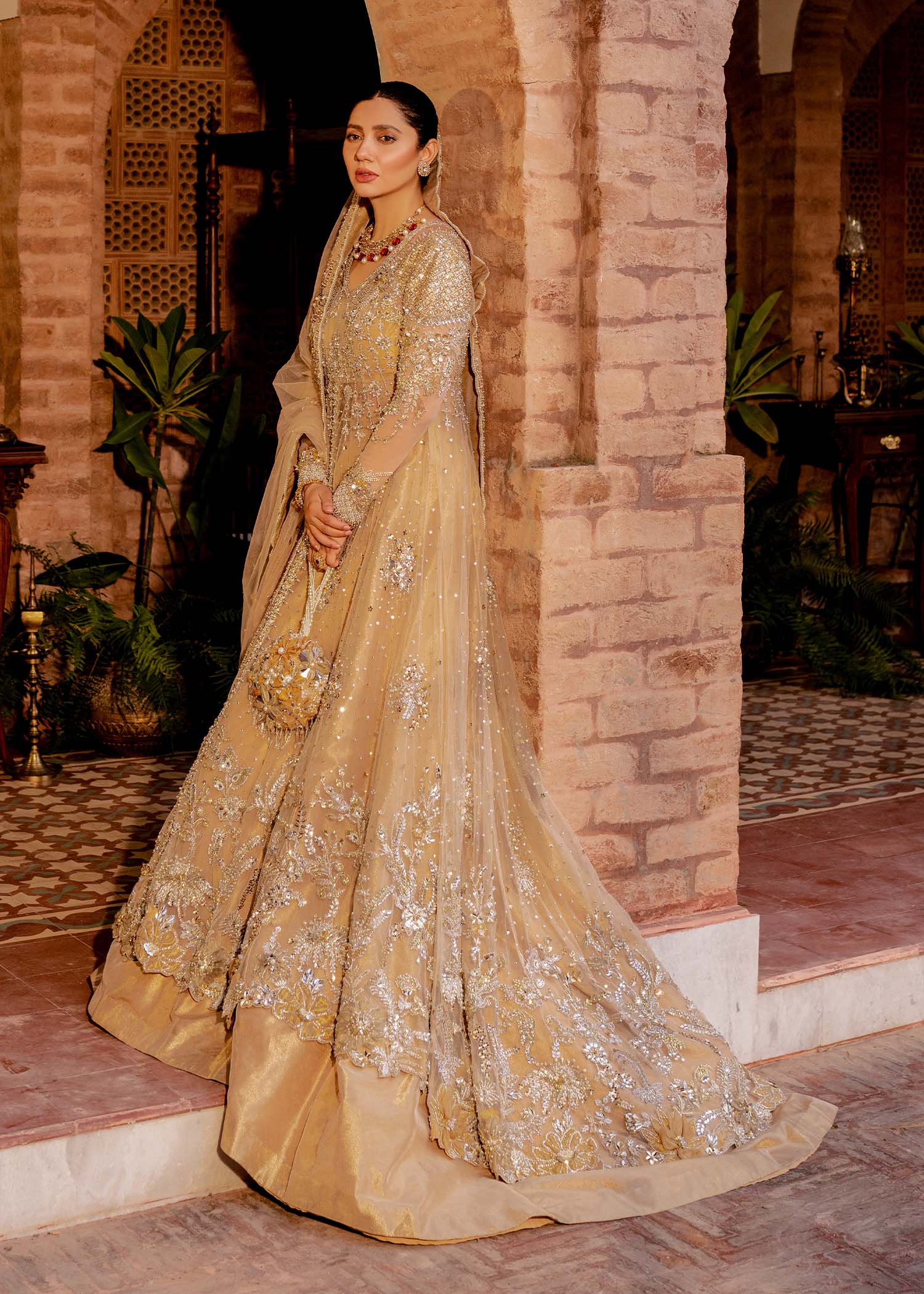Gold Embroidered Net & Tissue Pishwas Dress (3-Piece) - Image 7
