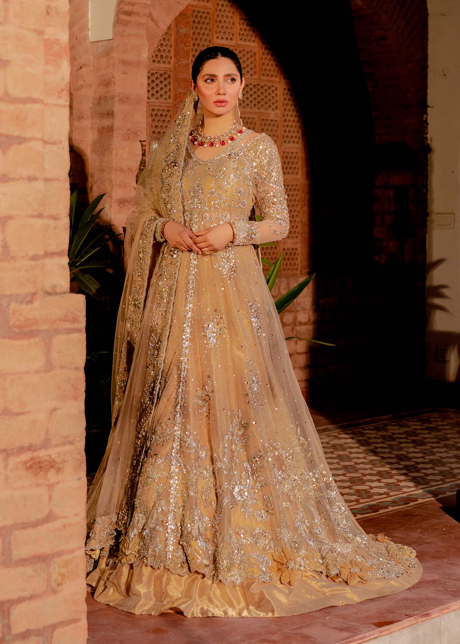 Gold Embroidered Net & Tissue Pishwas Dress (3-Piece) - Image 8