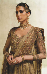 Pakistani Gold Zardozi Handworked Net Pishwas Dress (3-Piece) - Image 3