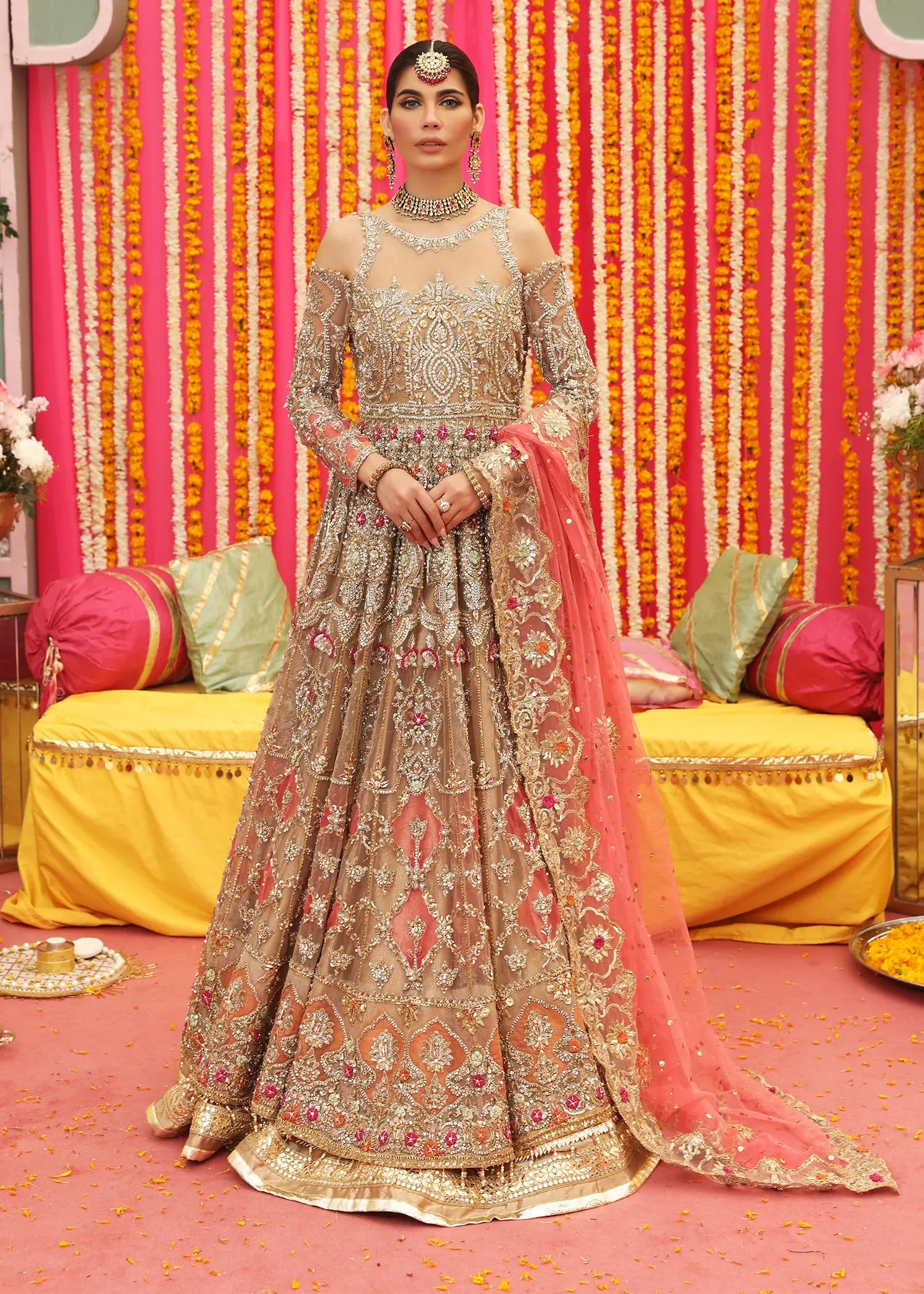 Gold Zardozi Net Pishwas Dress (3-Piece) - Image 1