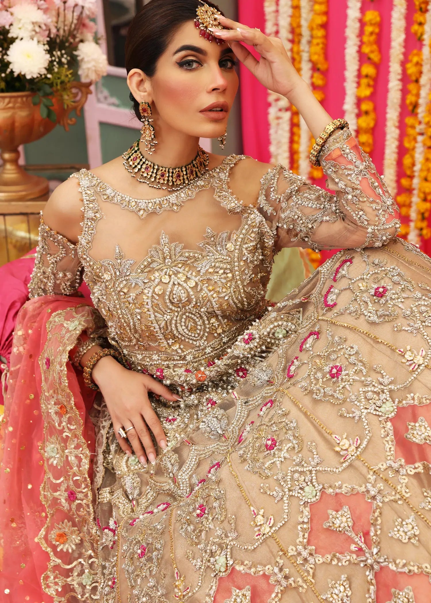 Gold Zardozi Net Pishwas Dress (3-Piece) - Image 10