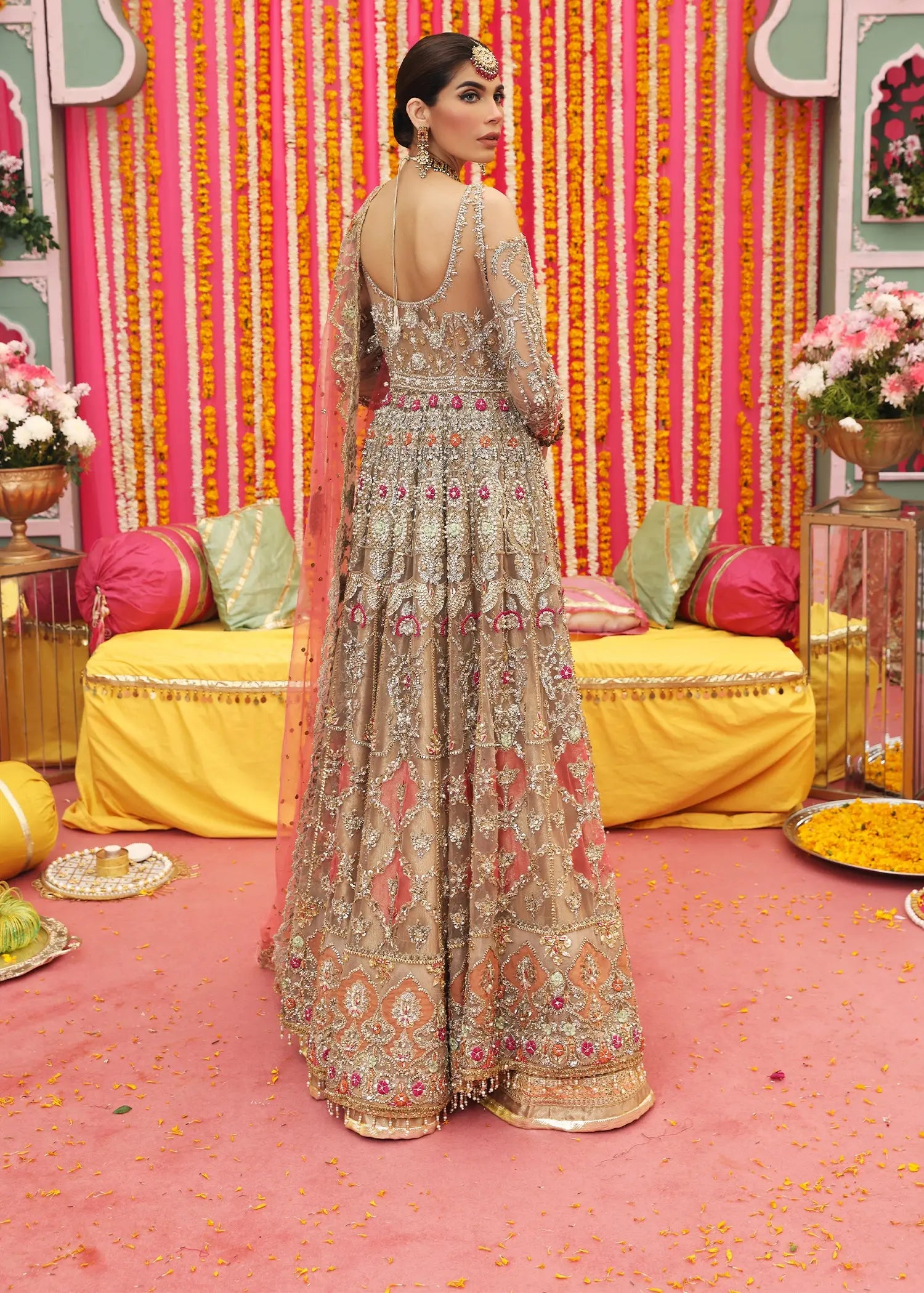 Gold Zardozi Net Pishwas Dress (3-Piece) - Image 11