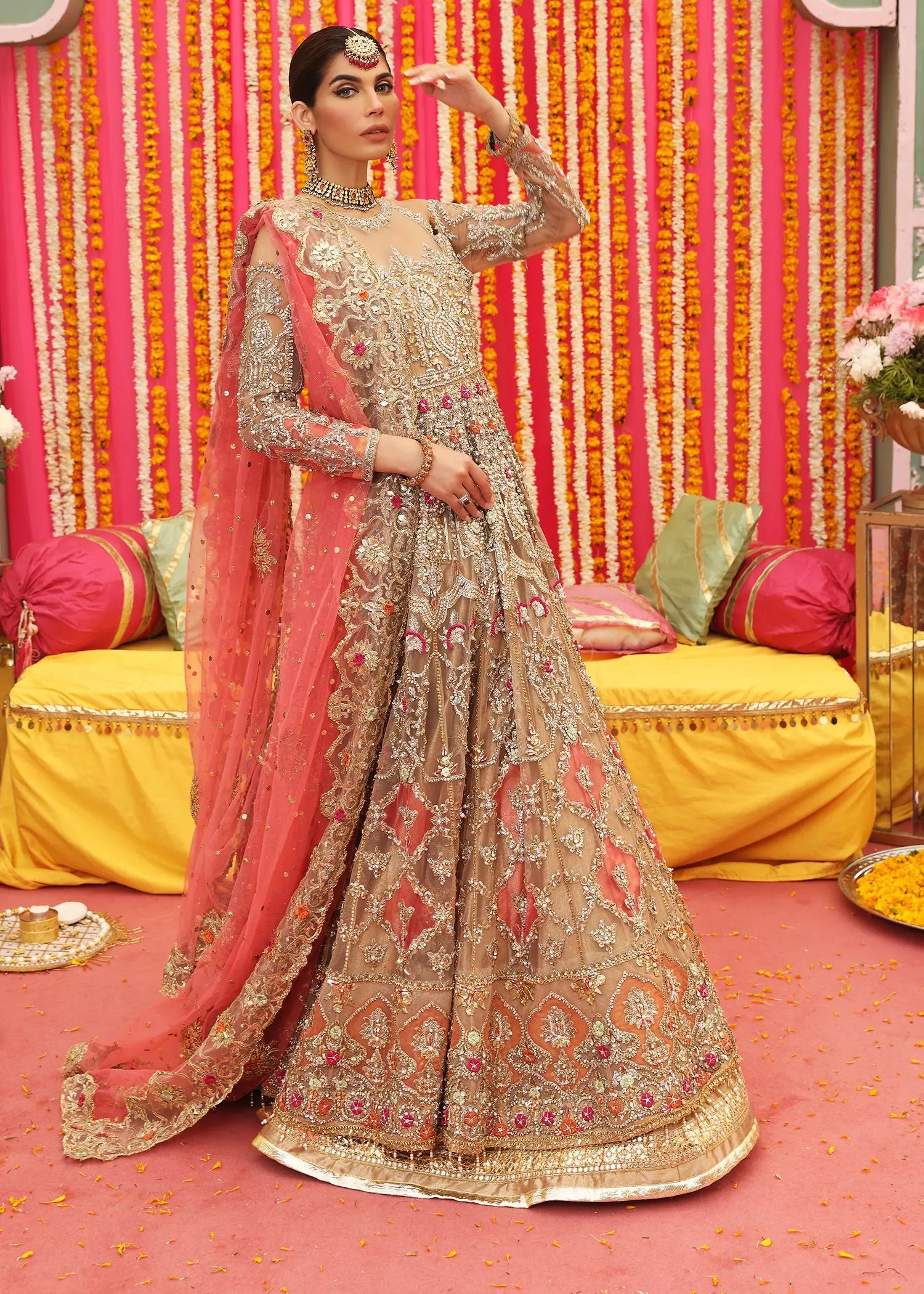 Gold Zardozi Net Pishwas Dress (3-Piece) - Image 4