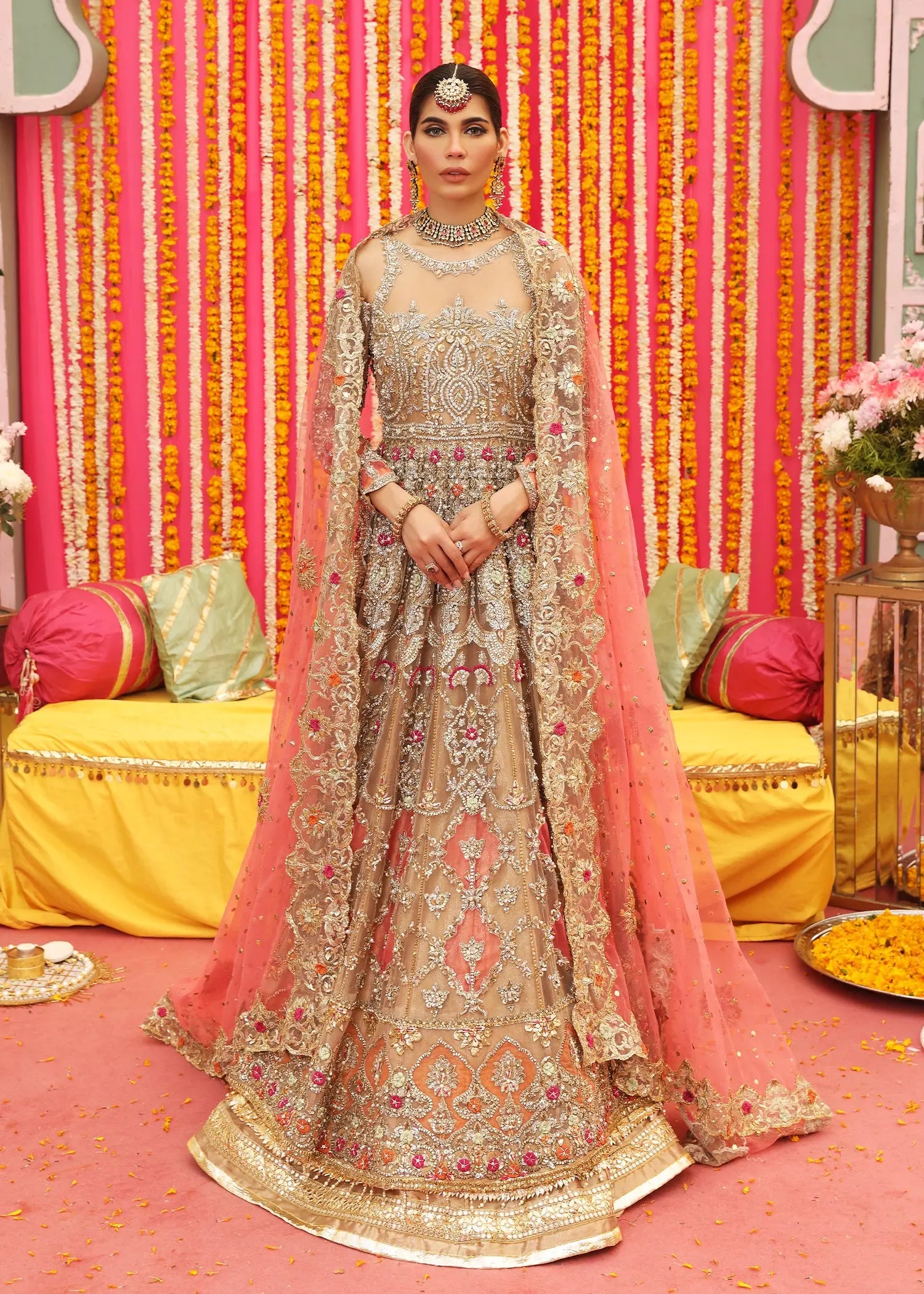 Gold Zardozi Net Pishwas Dress (3-Piece) - Image 5