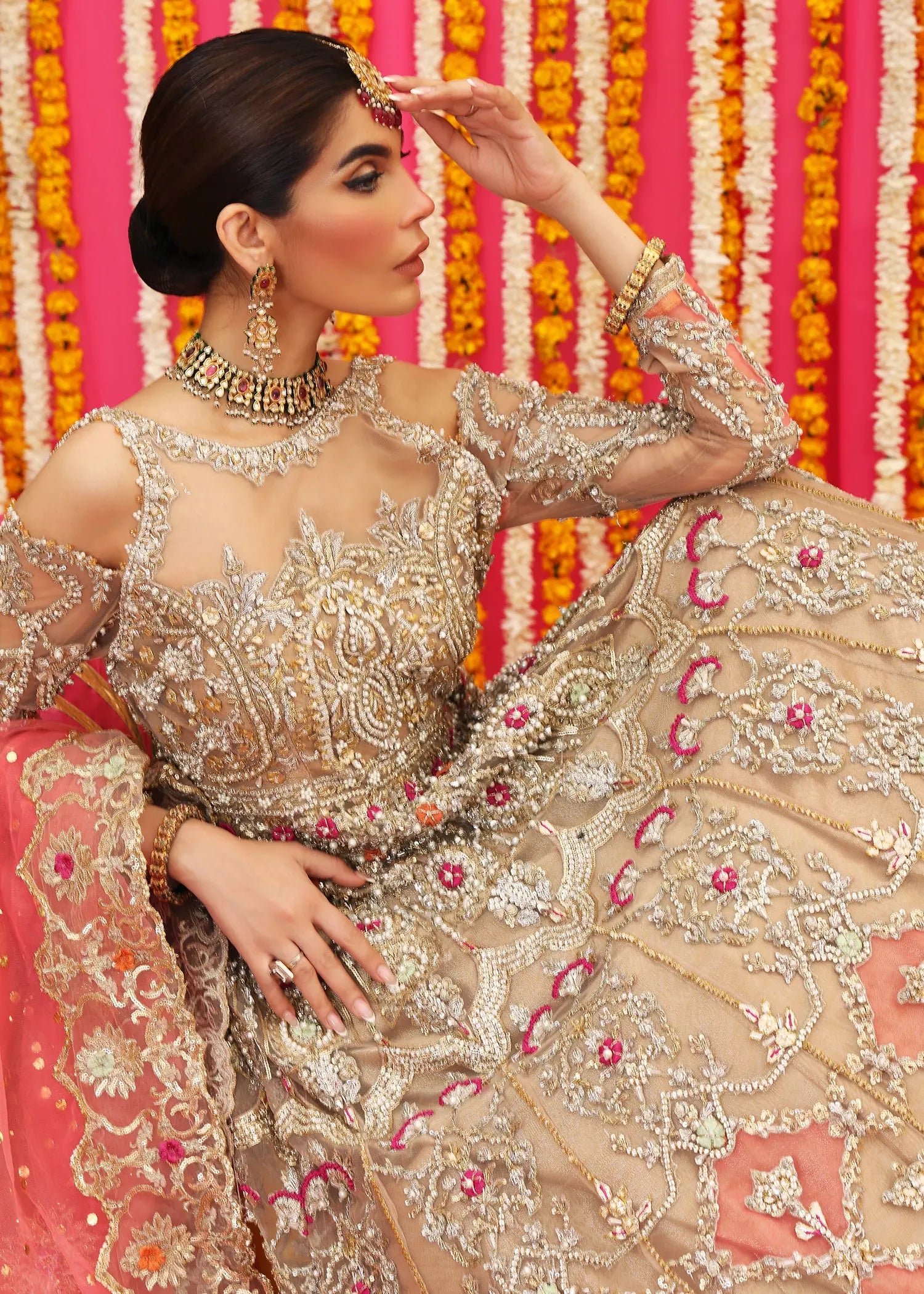 Gold Zardozi Net Pishwas Dress (3-Piece) - Image 6