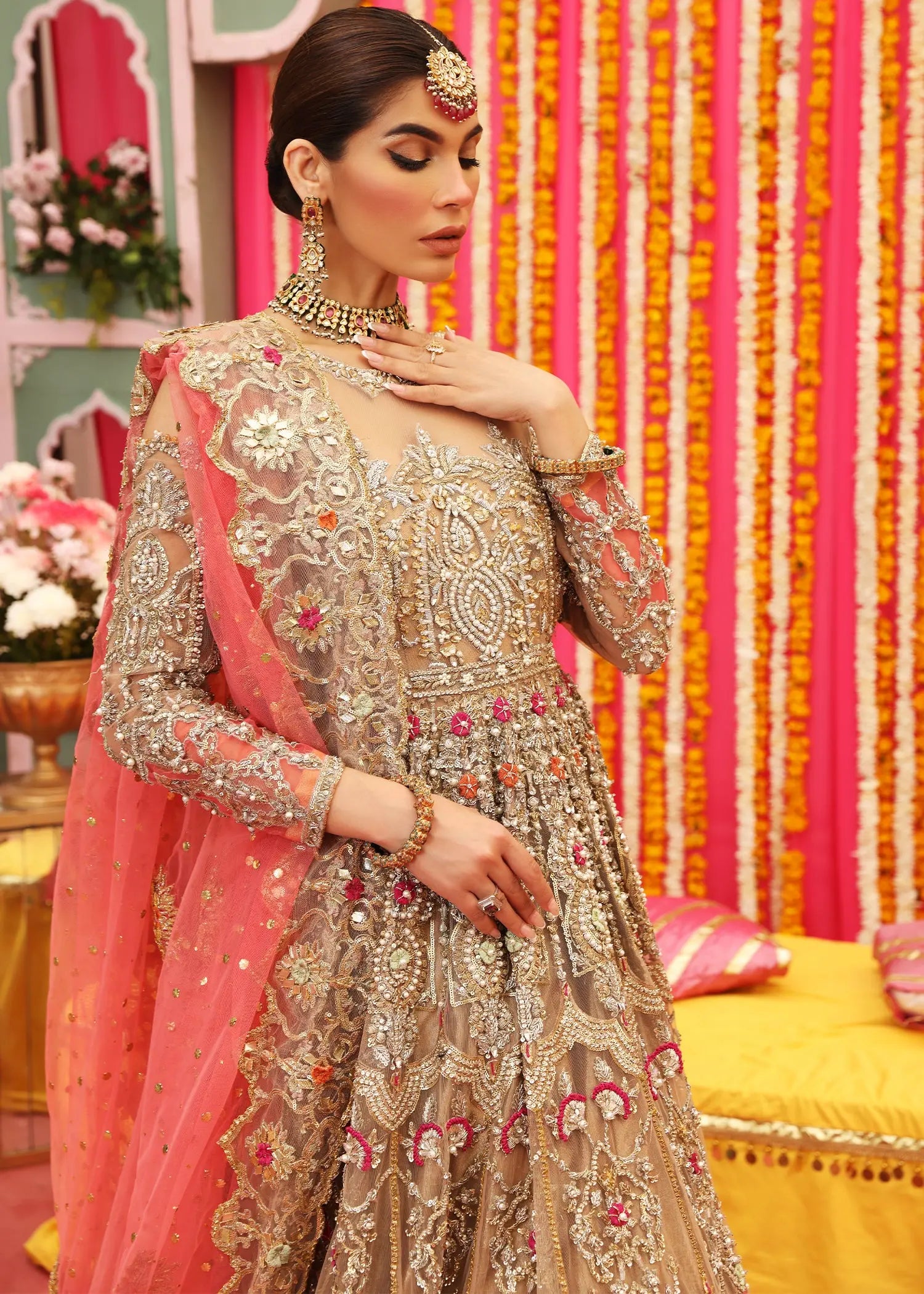 Gold Zardozi Net Pishwas Dress (3-Piece) - Image 7