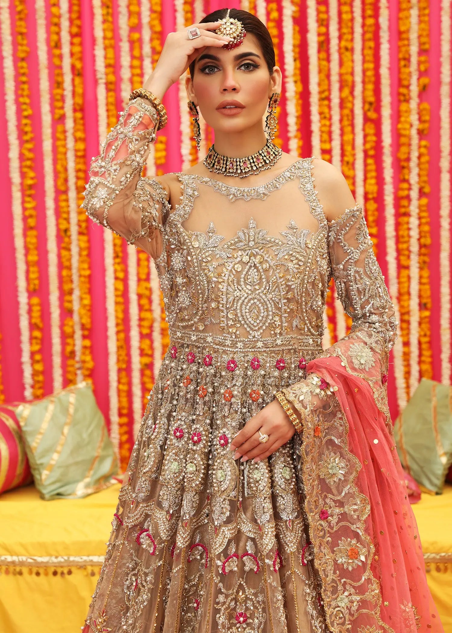 Gold Zardozi Net Pishwas Dress (3-Piece) - Image 8