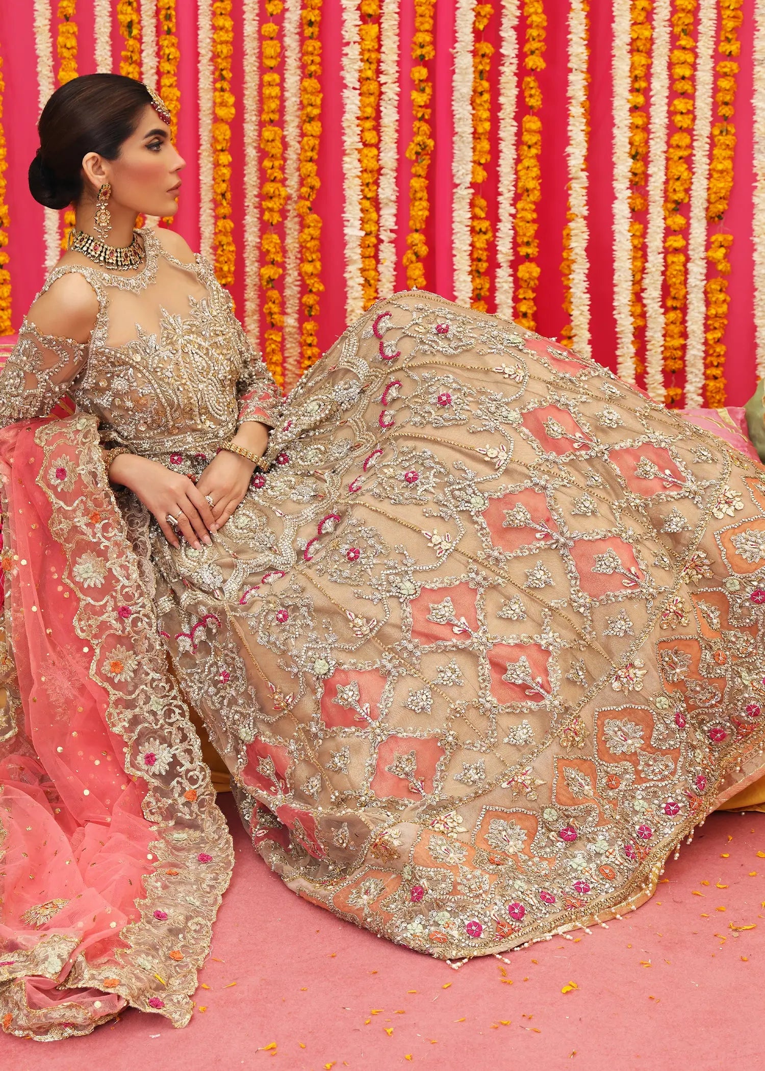 Gold Zardozi Net Pishwas Dress (3-Piece) - Image 9