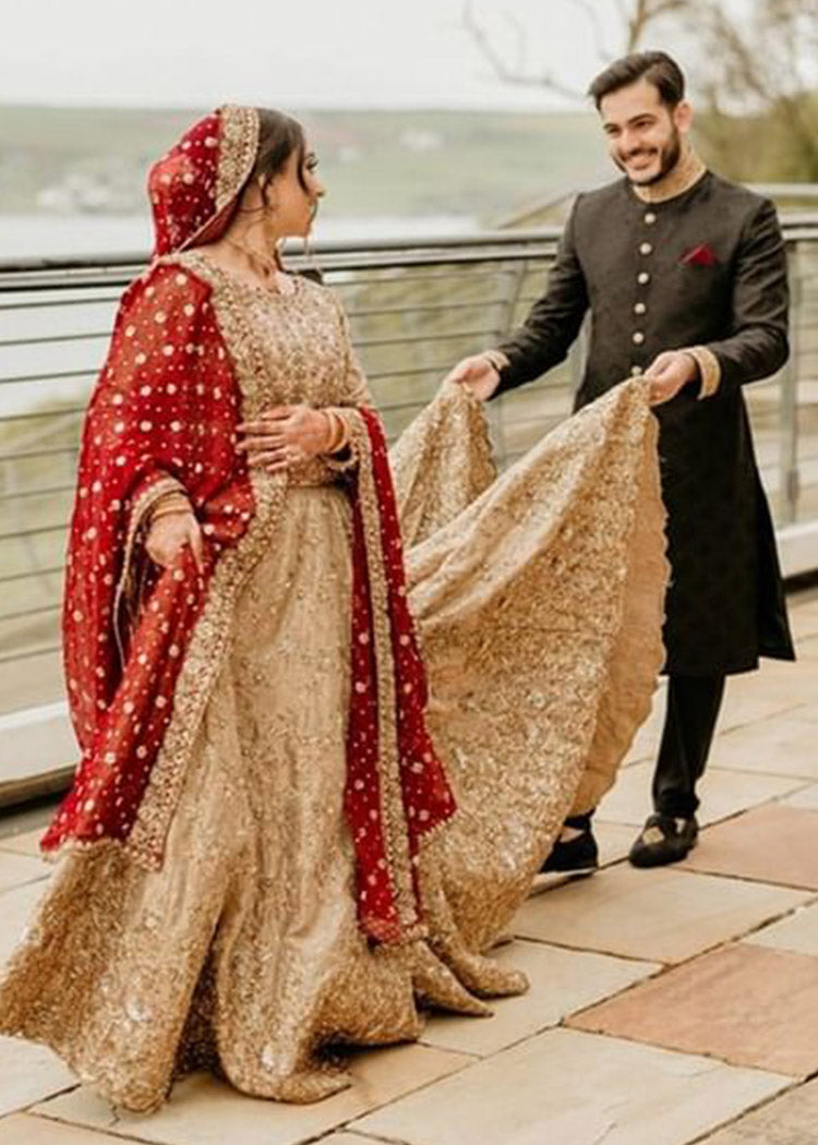 Gold Embellished Bridal Pishwas Dress (2-Piece) - Image 2
