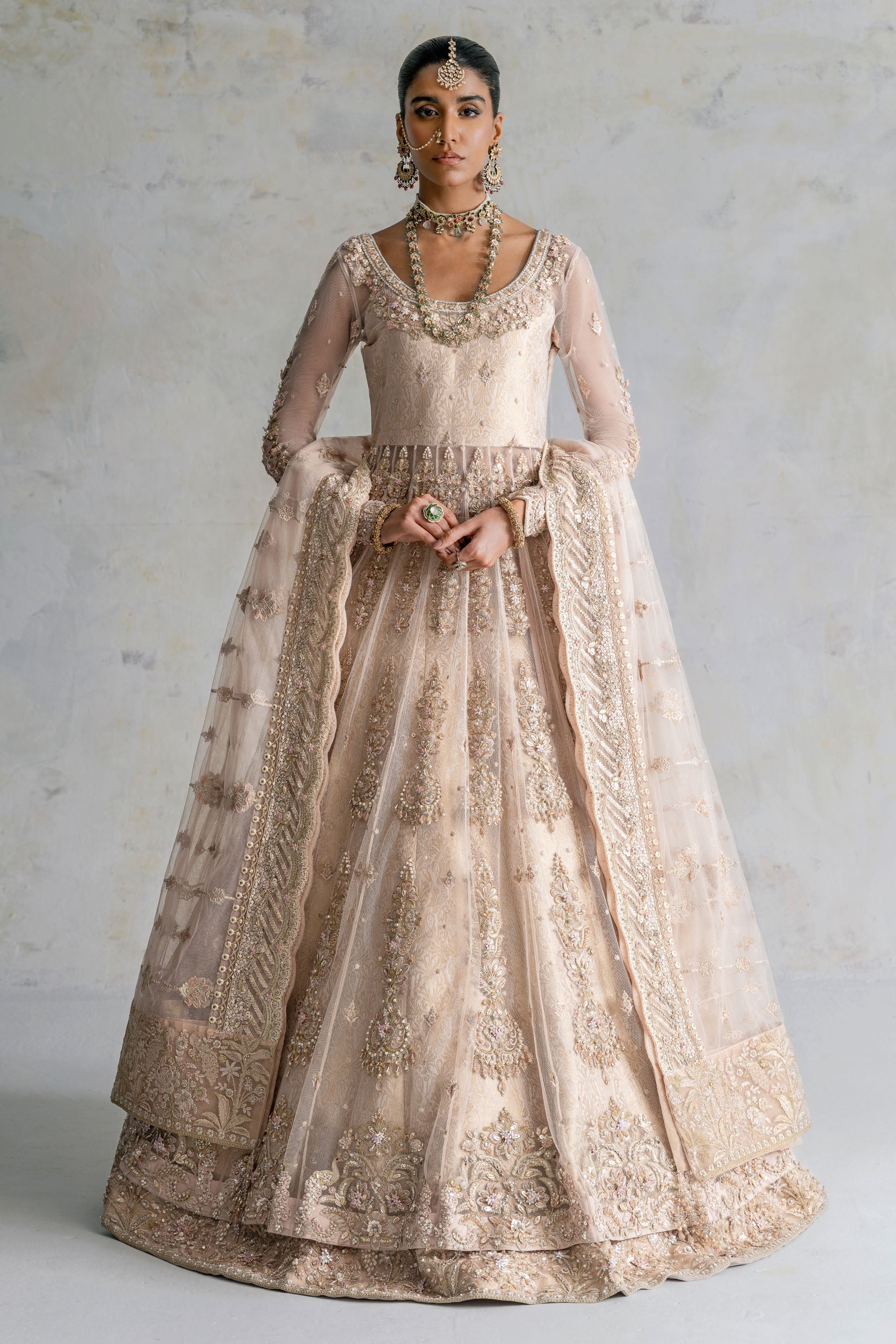 Pakistani Peachy Gold Zardozi Net Pishwas Dress (3-Piece) - Image 1