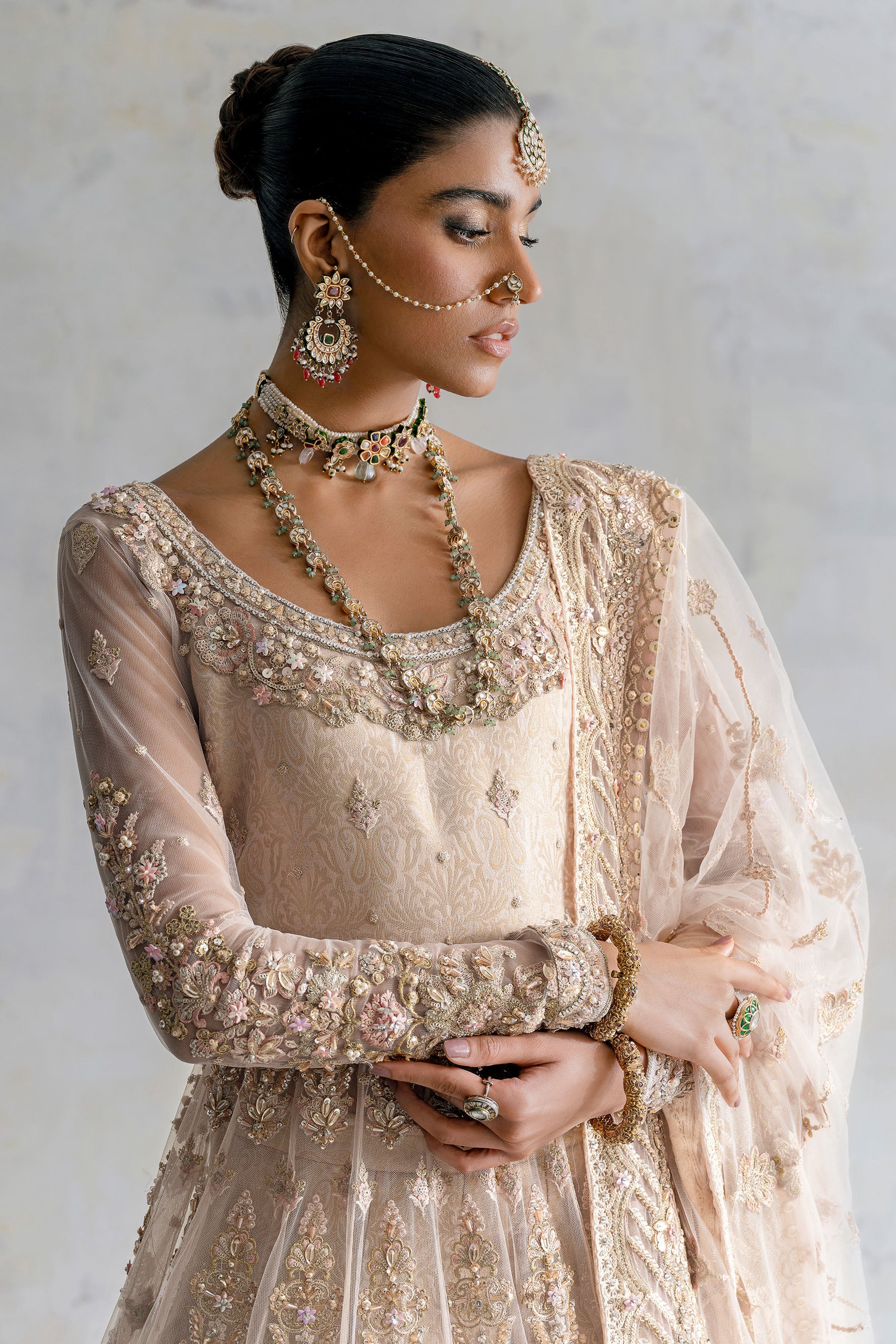 Pakistani Peachy Gold Zardozi Net Pishwas Dress (3-Piece) - Image 2