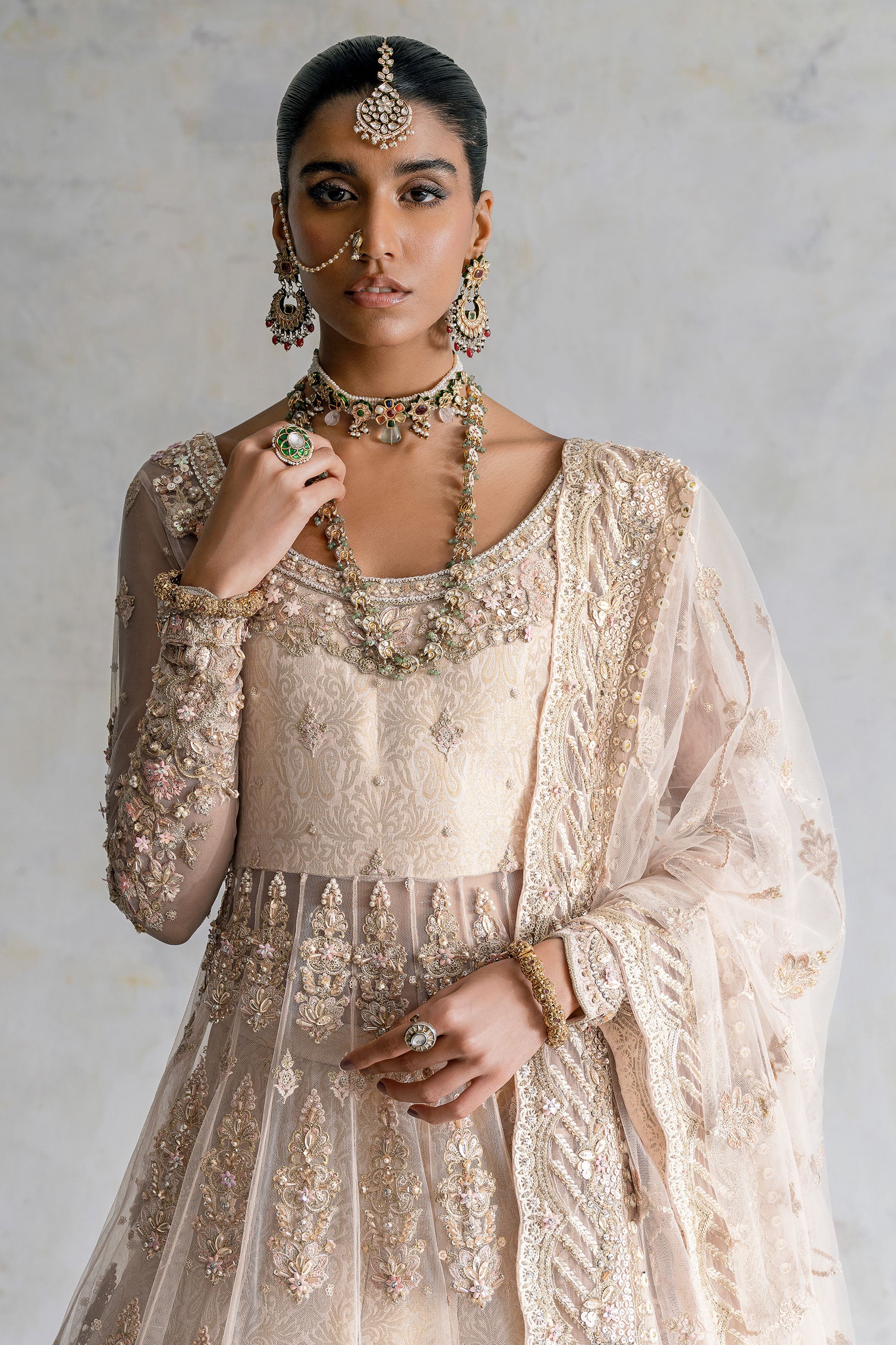 Pakistani Peachy Gold Zardozi Net Pishwas Dress (3-Piece) - Image 3