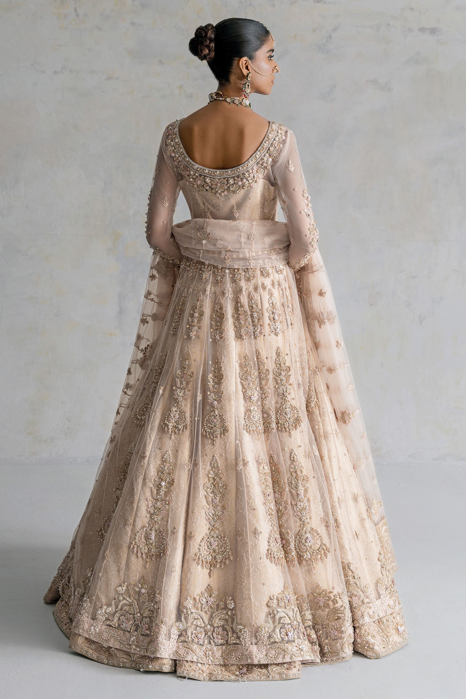 Pakistani Peachy Gold Zardozi Net Pishwas Dress (3-Piece) - Image 4