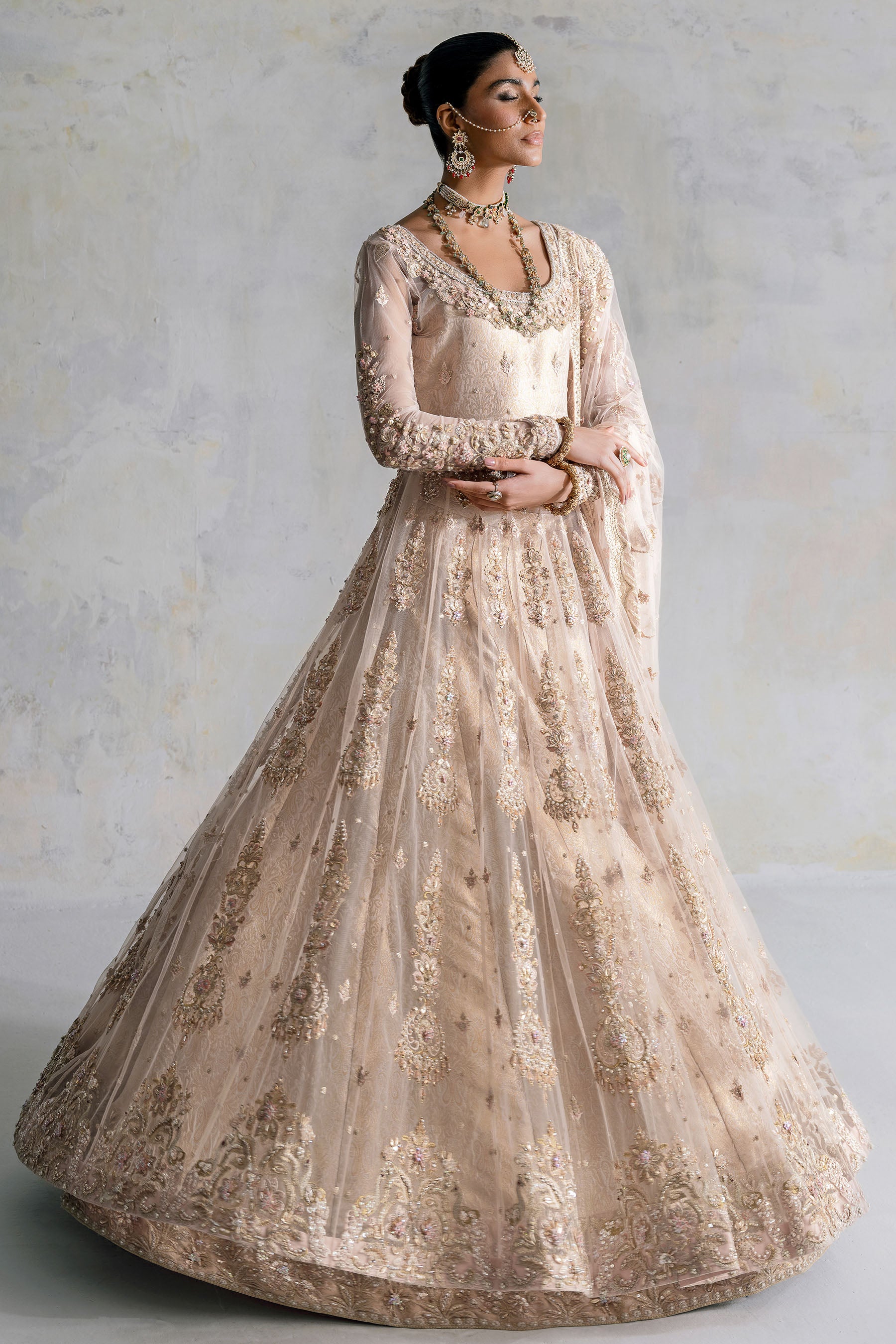 Peachy Gold Zardozi Net Pishwas Dress (3-Piece) - Image 5