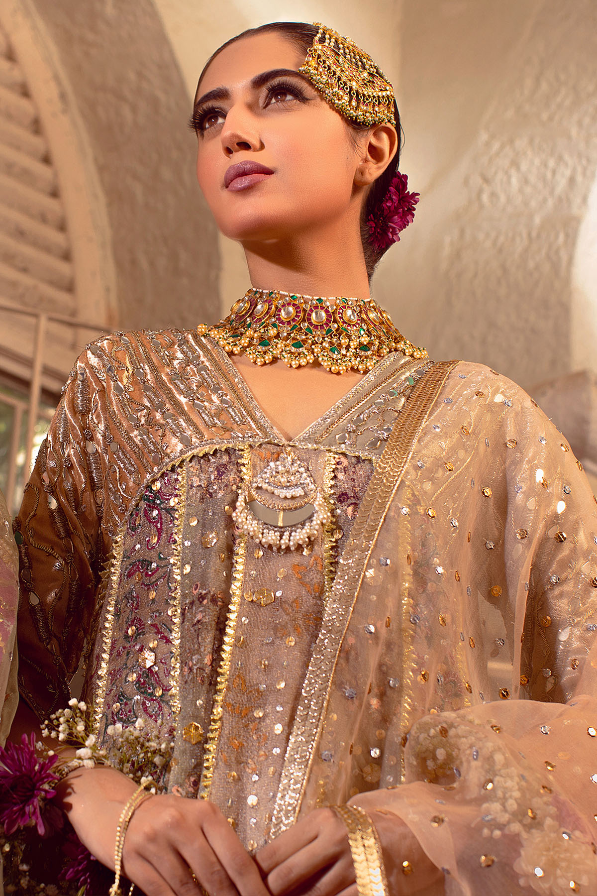 Rose Gold Embroidered Organza Pishwas (3-Piece) - Image 2