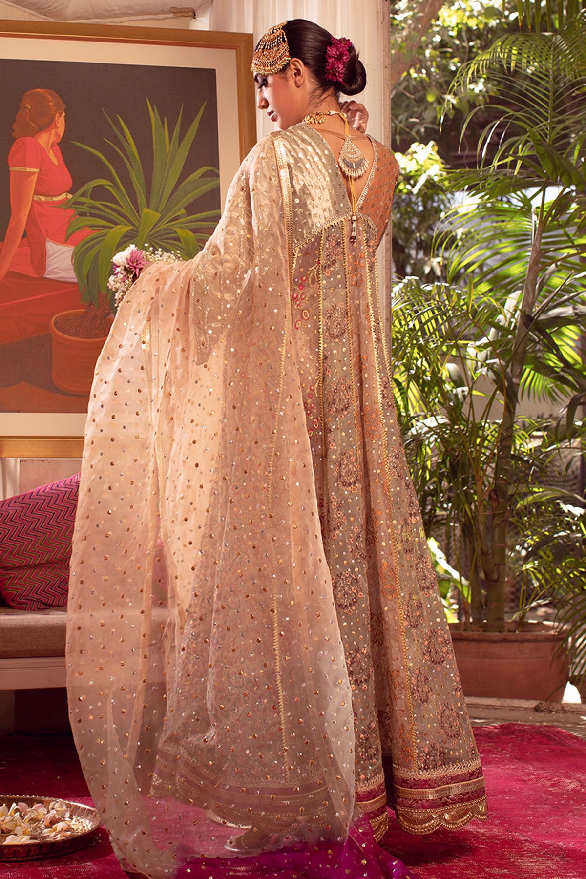 Rose Gold Embroidered Organza Pishwas (3-Piece) - Image 3