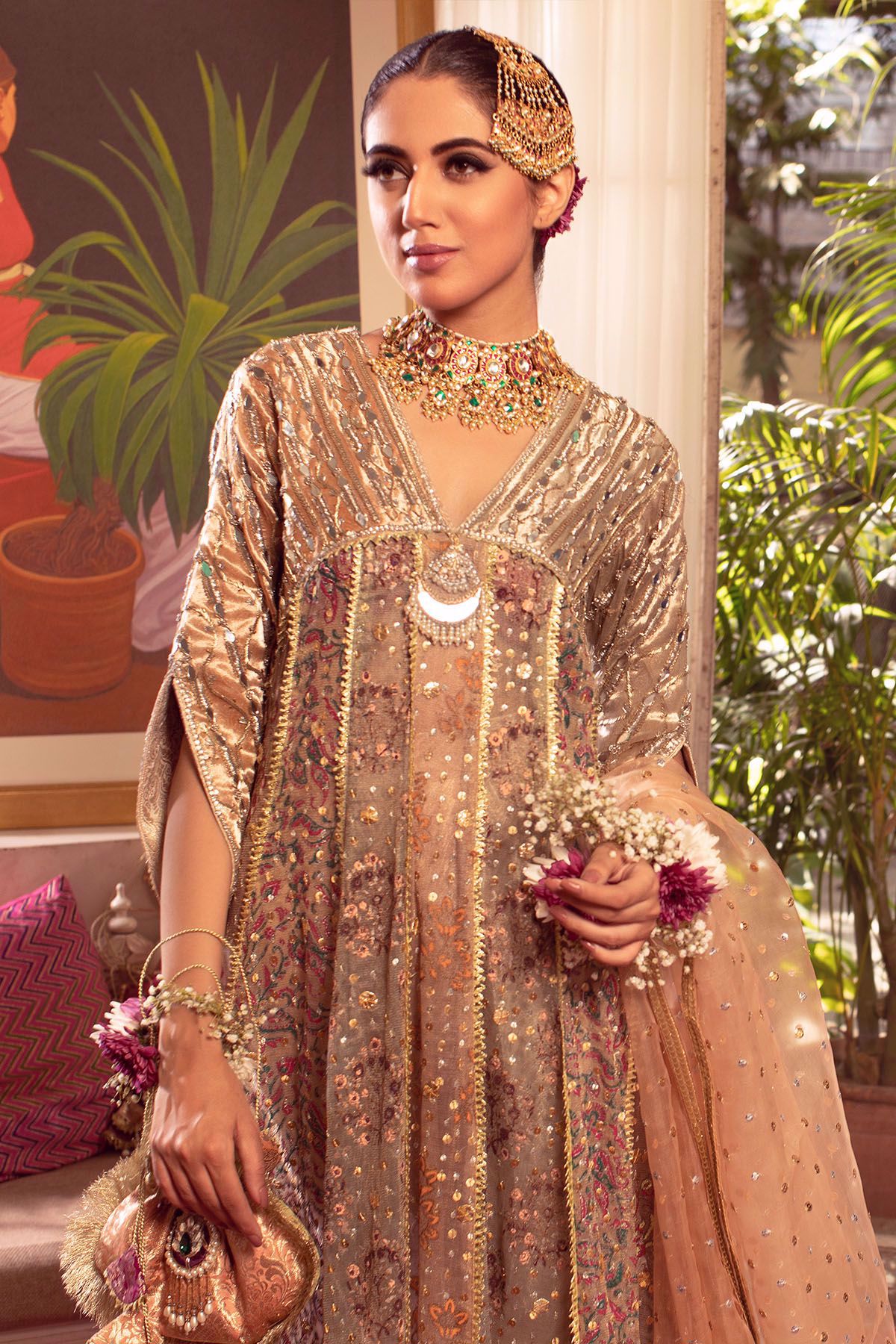 Rose Gold Embroidered Organza Pishwas (3-Piece) - Image 4