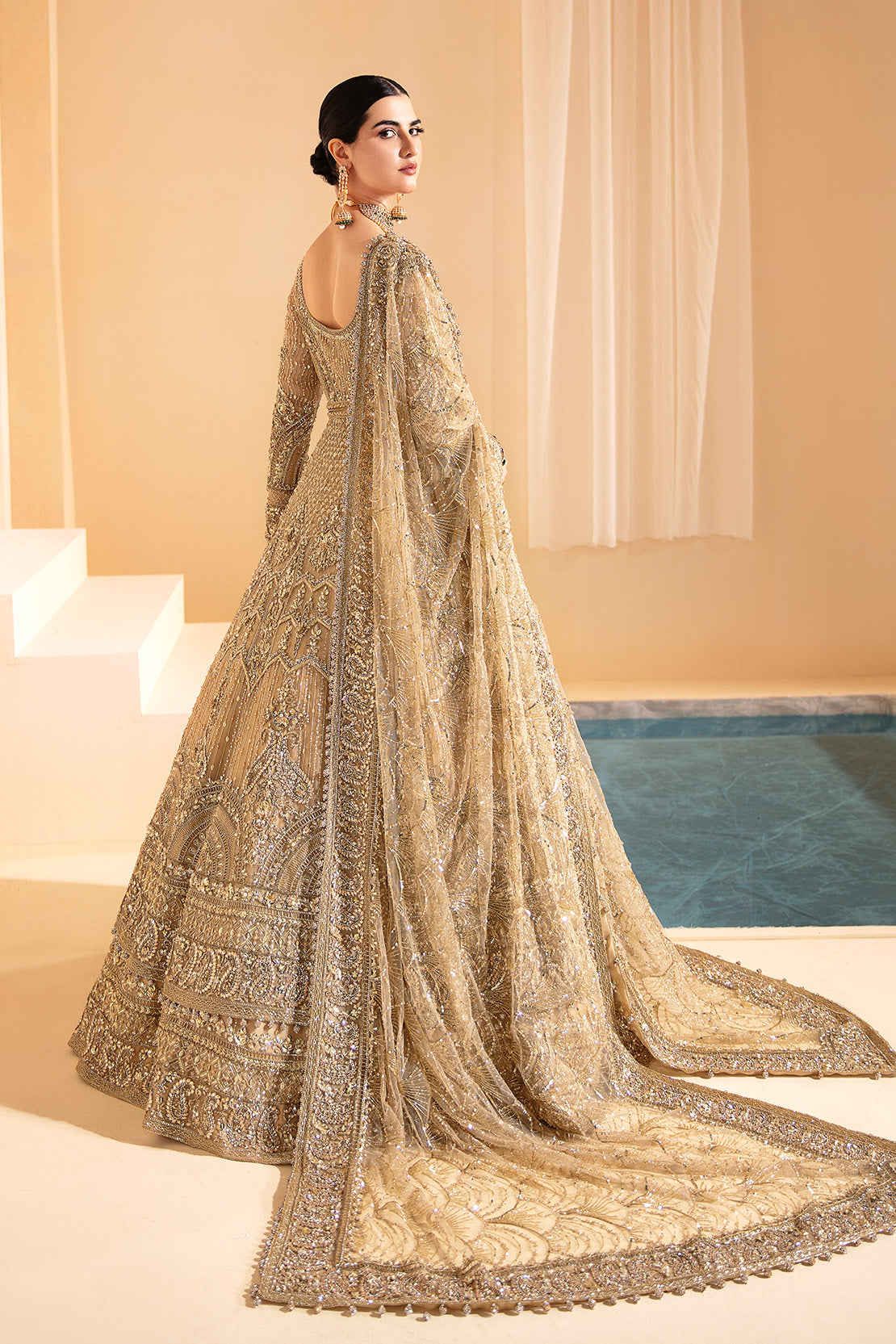 Pakistani Gold Embellished Organza Bridal Pishwas (3-Piece) - Image 3