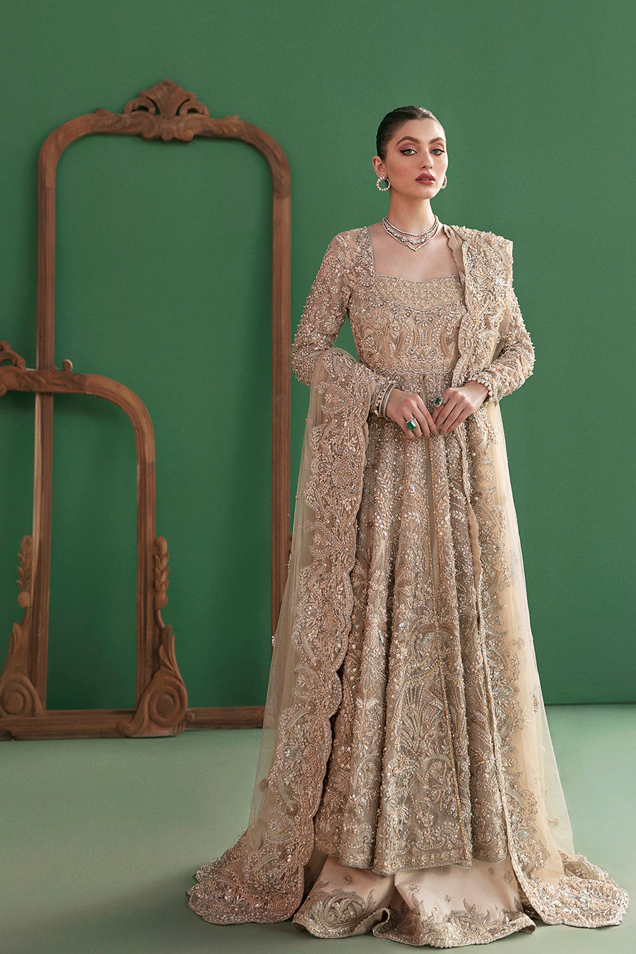 Golden Embroidered Organza Bridal Pishwas (3-Piece) - Image 1