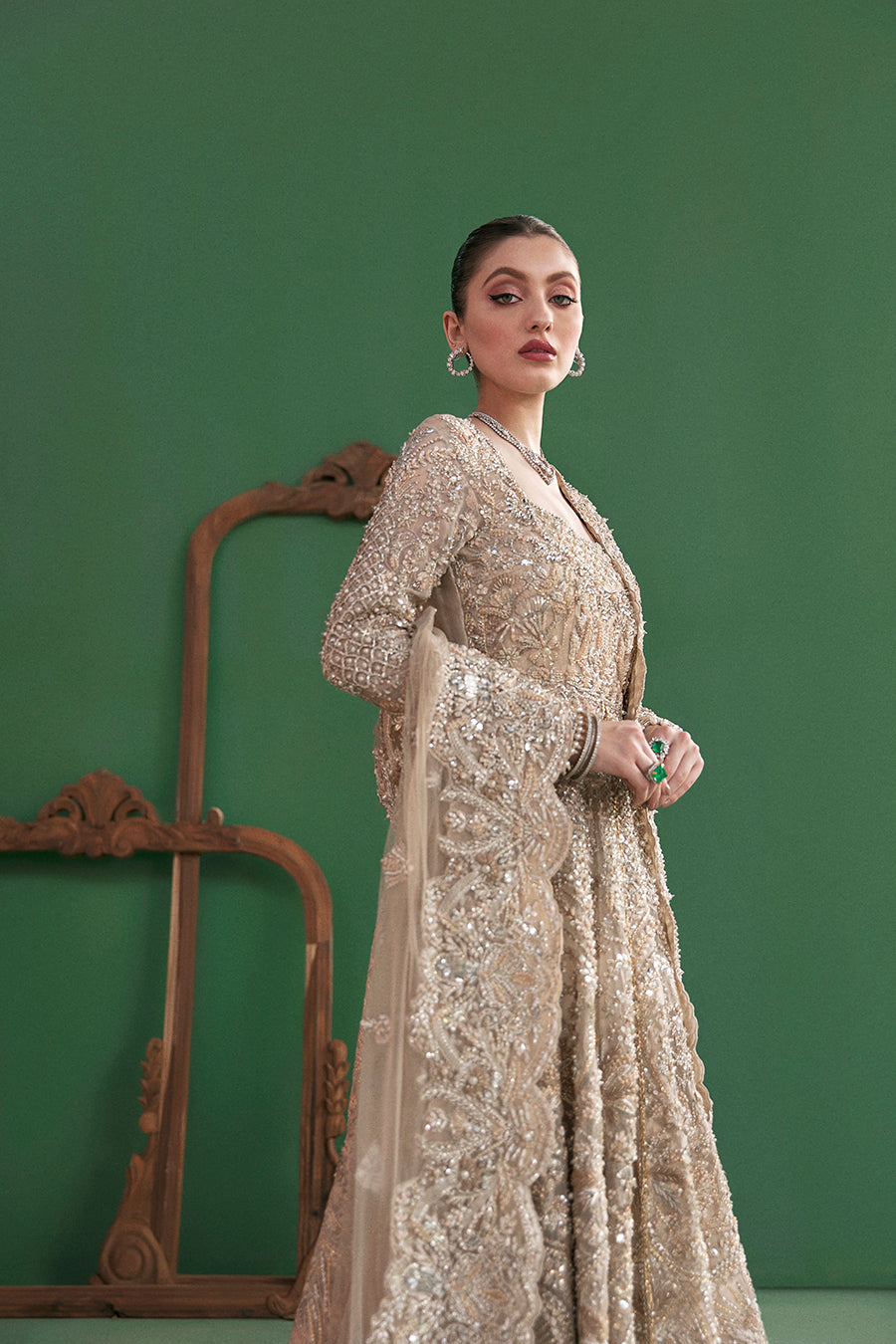 Golden Embroidered Organza Bridal Pishwas (3-Piece) - Image 2