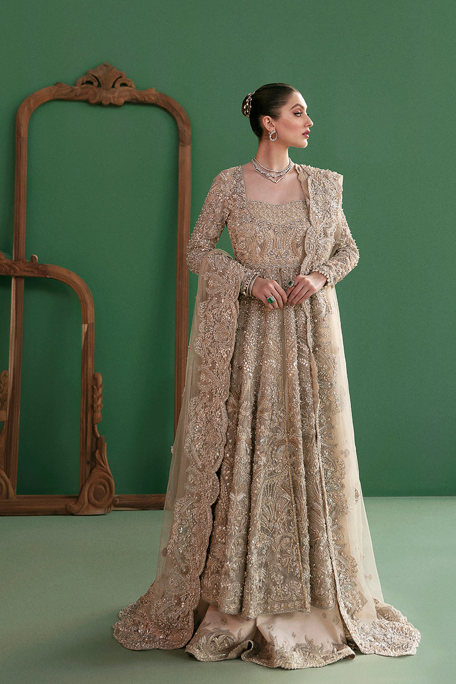 Golden Embroidered Organza Bridal Pishwas (3-Piece) - Image 3