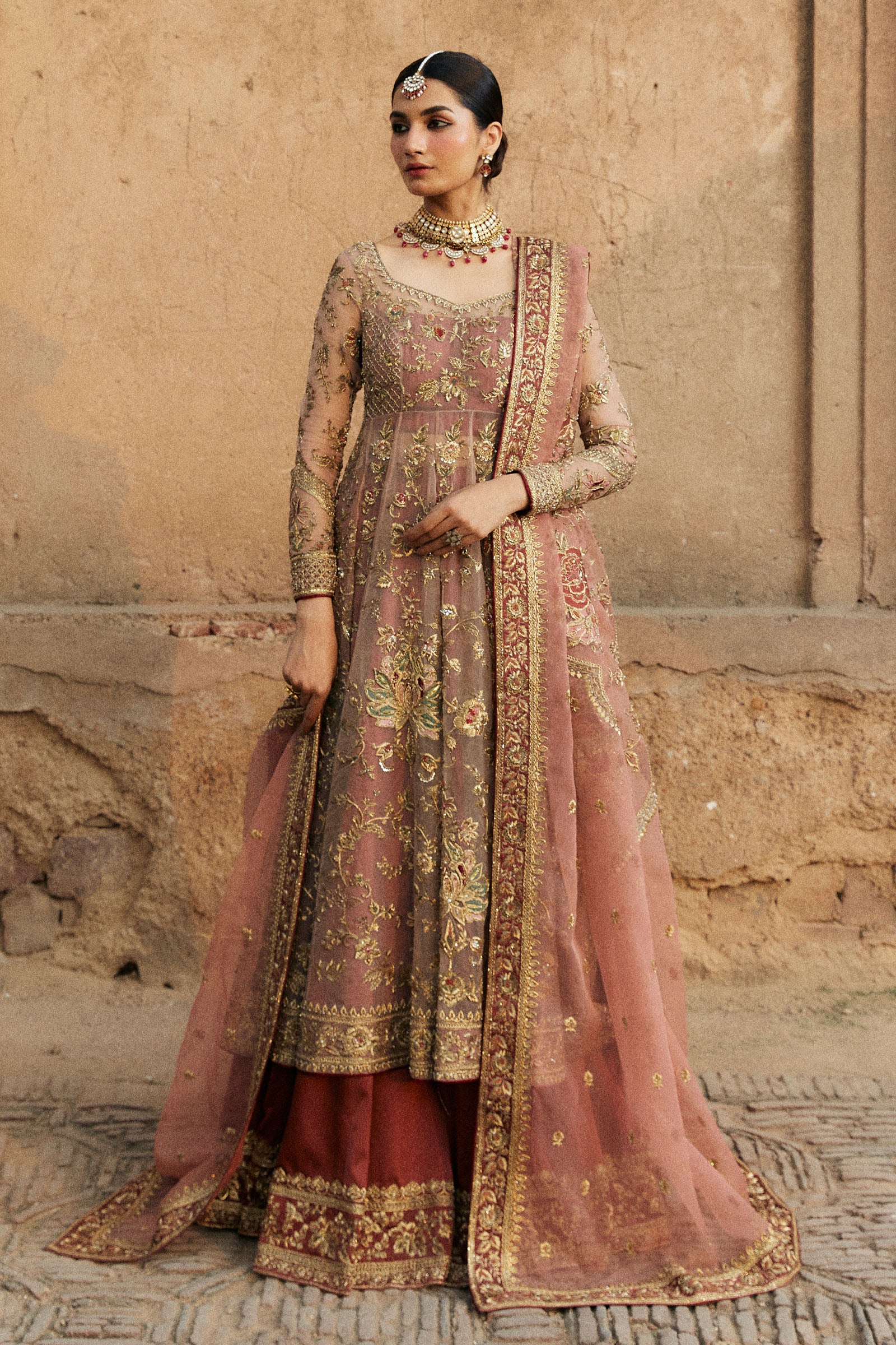 Rose Gold Embellished Organza Pishwas Dress (3-Piece) - Image 1