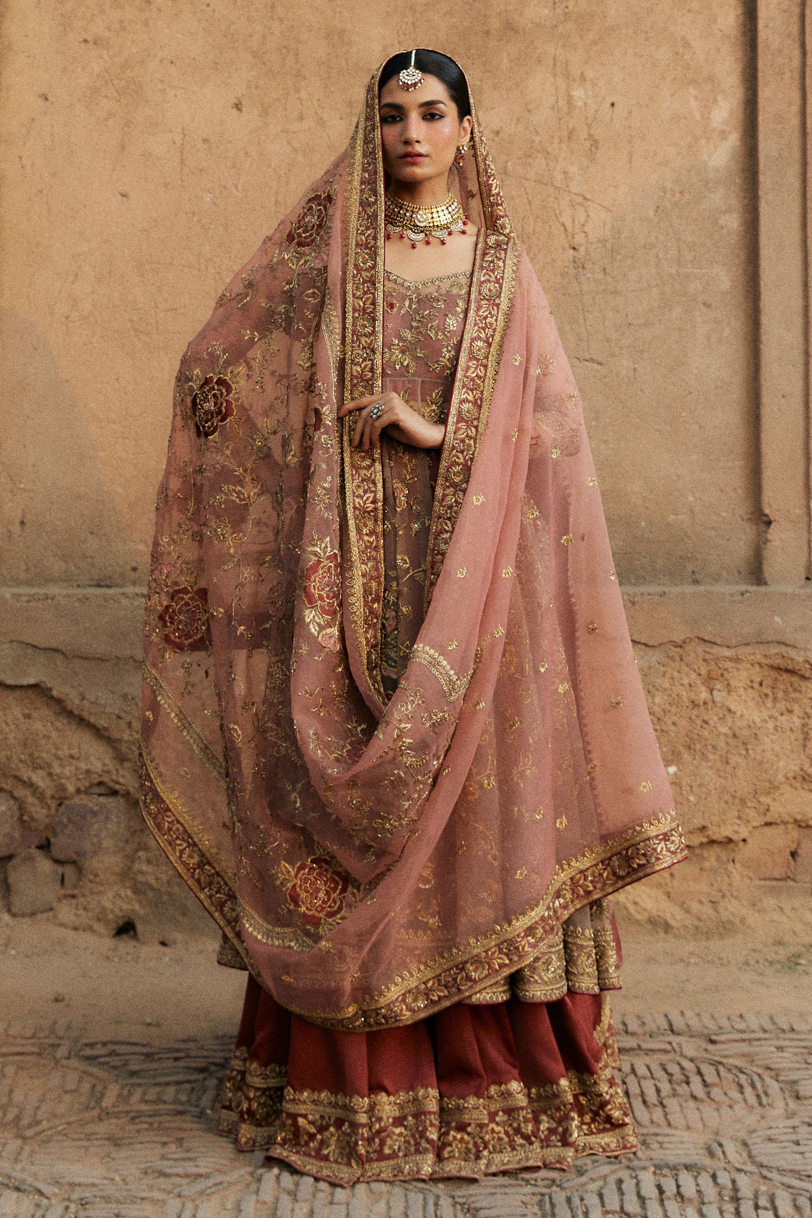 Rose Gold Embellished Organza Pishwas Dress (3-Piece) - Image 3