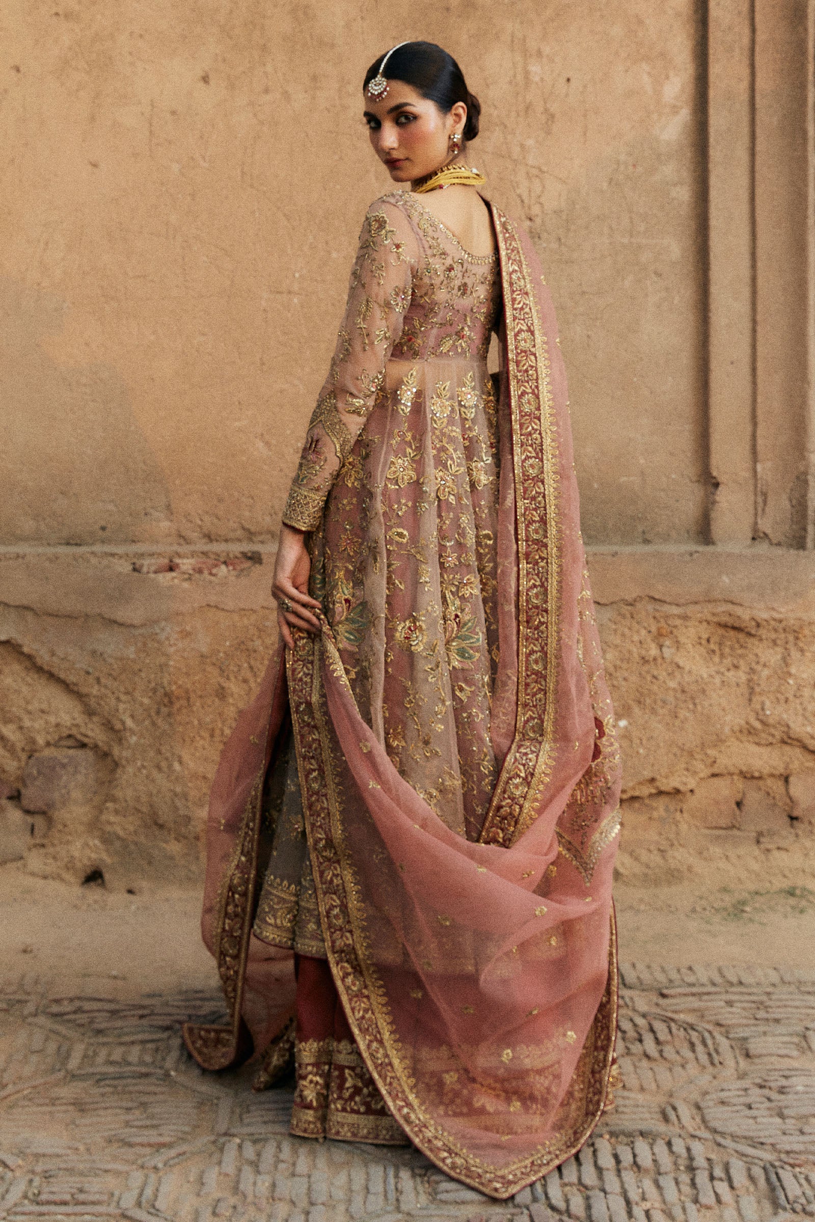 Rose Gold Embellished Organza Pishwas Dress (3-Piece) - Image 4